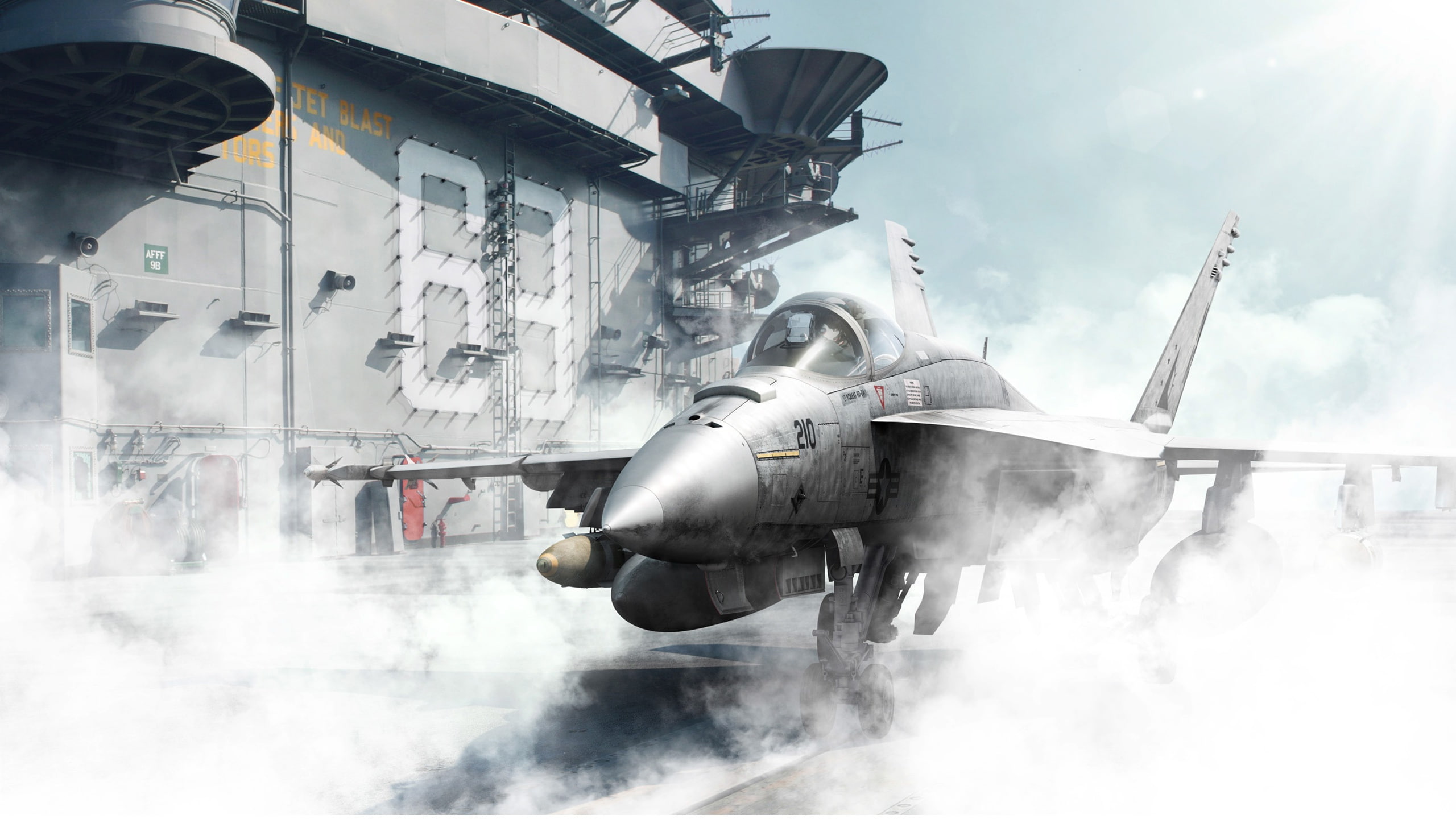 deck, 2K, fighter, bomber, attack, the plane, ship, American, Boeing FA 18EF Super Hornet, smoke, HD Wallpaper