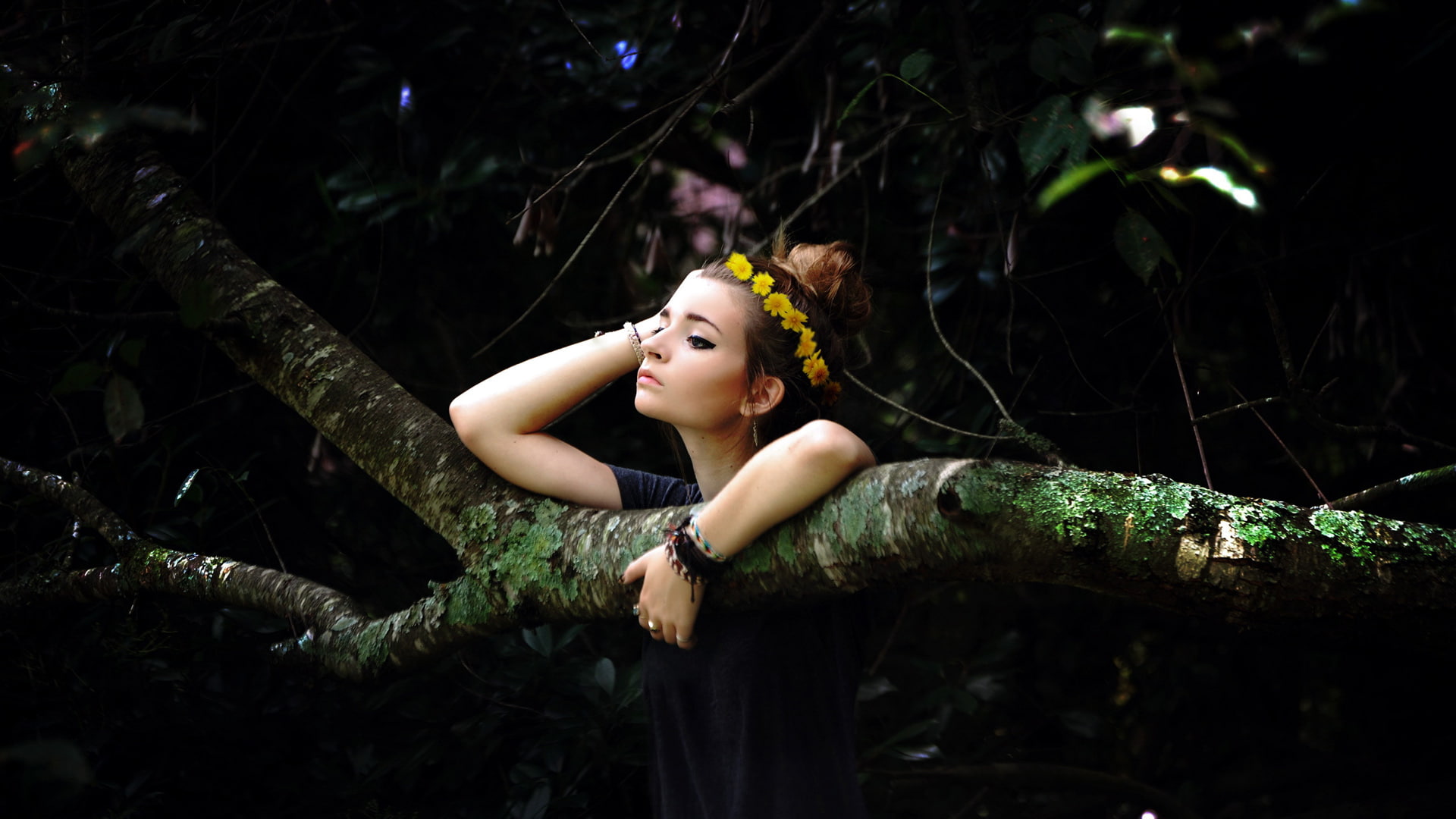 lifestyles, model, flower in hair, tree, photography, 1080P, real people, young women, beautiful woman, plant, land, brunette, looking into the distance, HD Wallpaper