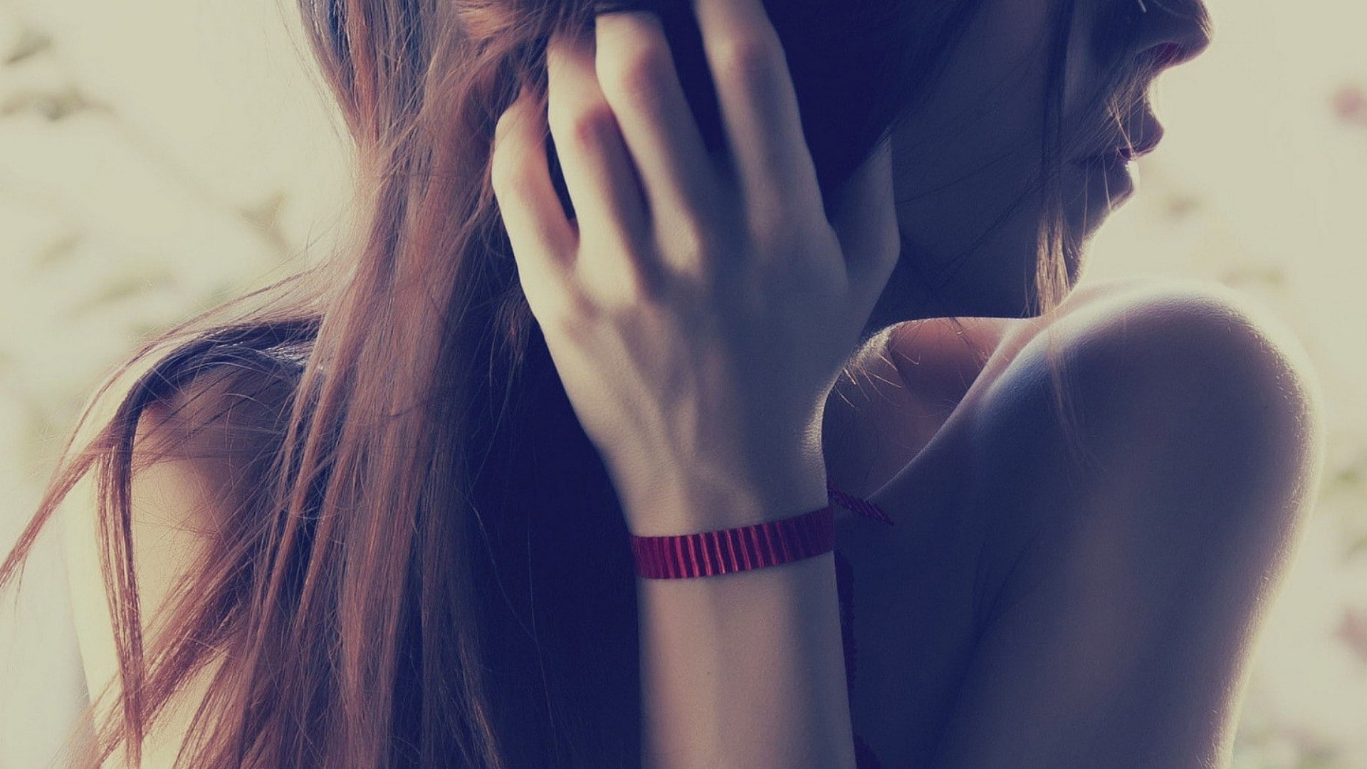 model, 1080P, hands, wristband, face, brunette, red ribbon, women, closeup, hair, profile, HD Wallpaper