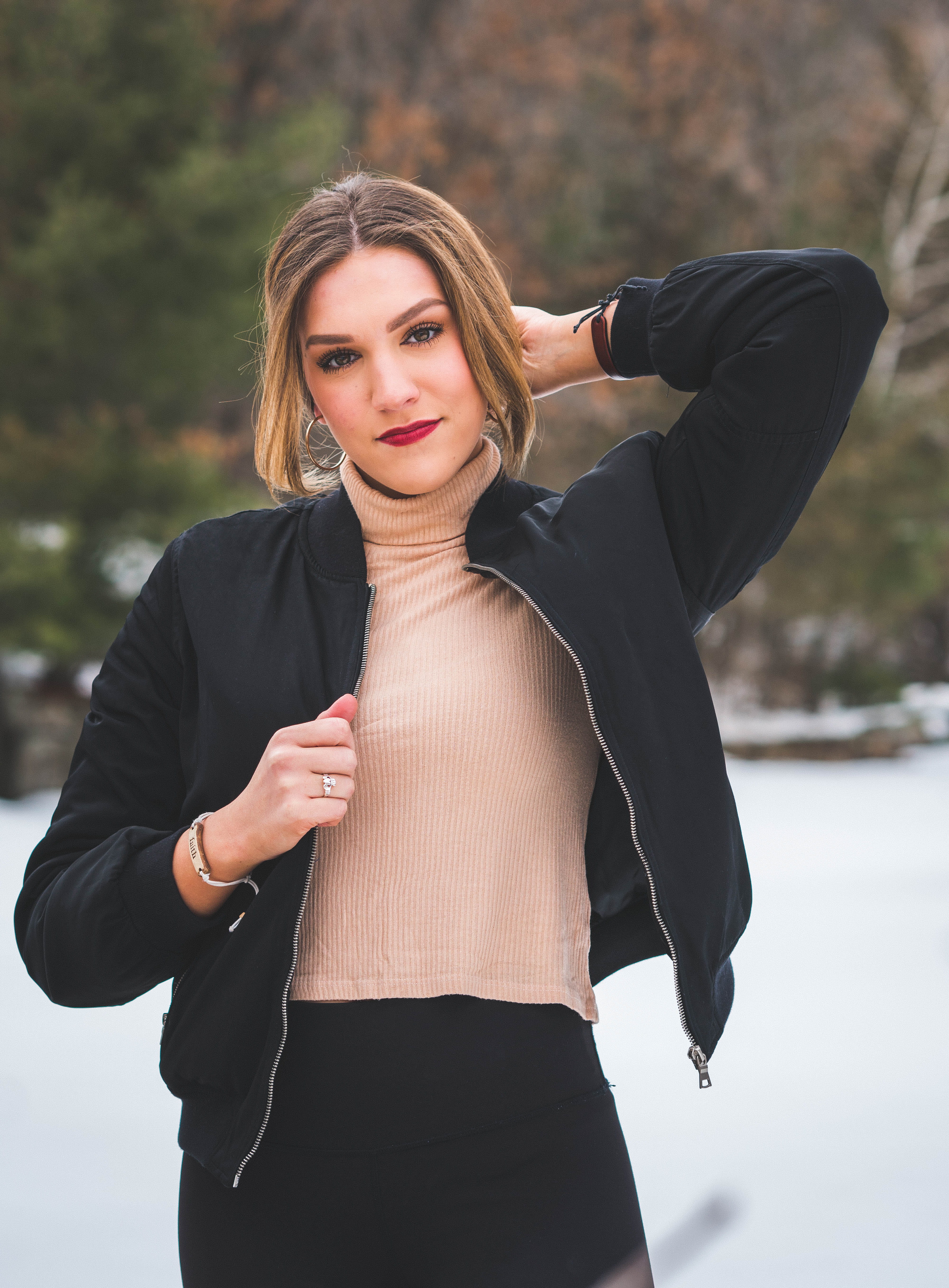 bomber jacket, girl, red, head, female, ring, lady, one person, 5K, selective, day, lack, people, wristband, hairstyle, skirt, lifestyles, standing, portrait, Phone HD Wallpaper