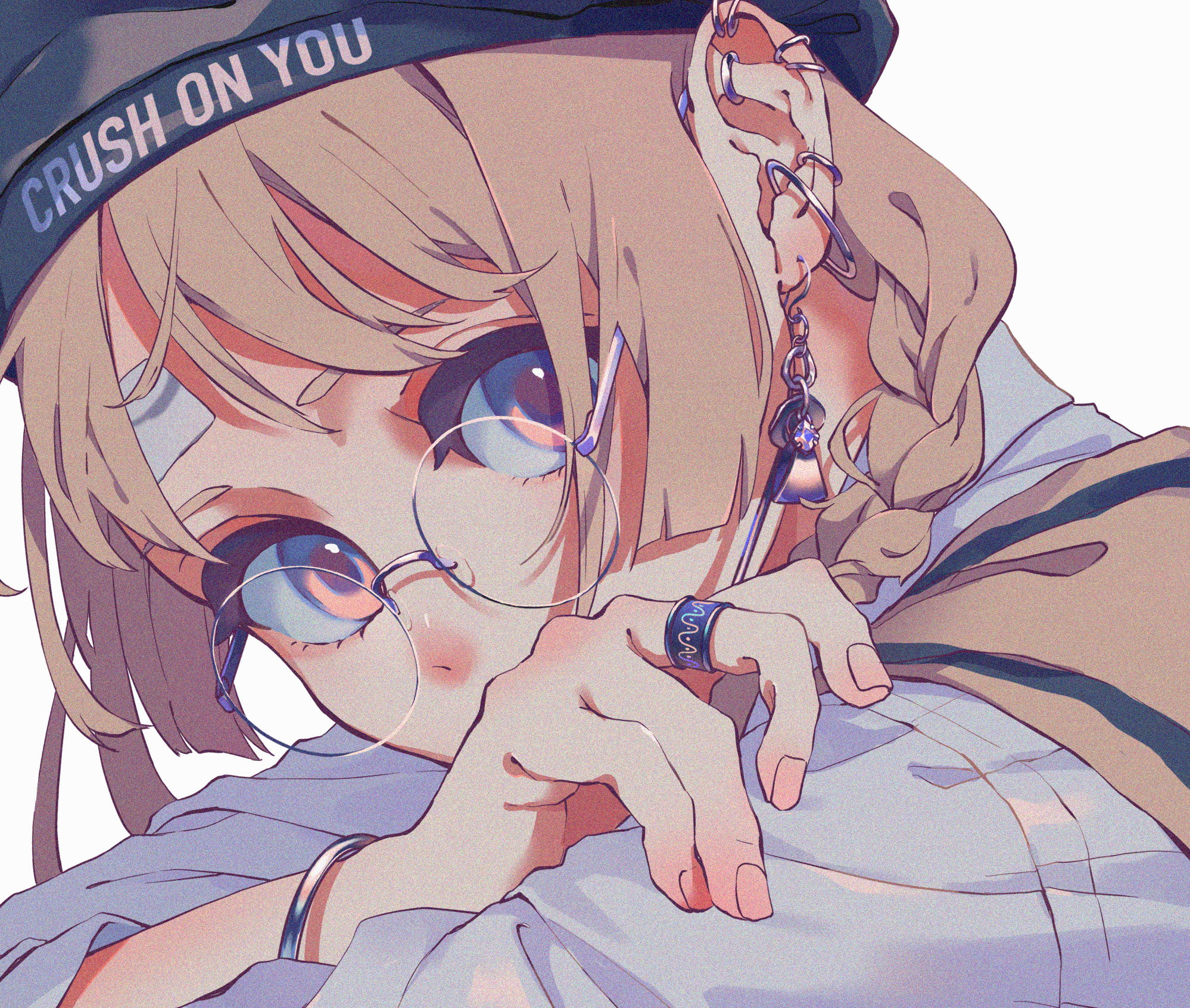 rings, looking at viewer, anime girls, earring, glasses, wristband, 1080P, anime, blue eyes, hat, piercing, HD Wallpaper