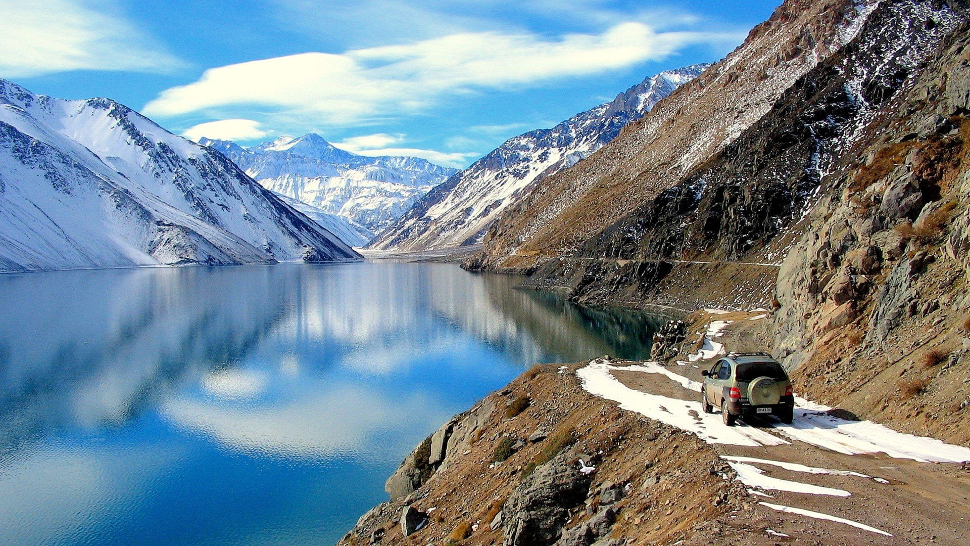 cars, deva, light, waterscapes, lakes, 1080P, calm, white, snow, roads, clouds, landscapes, chile, andes, water, brown, blue, mountains, nature, HD Wallpaper