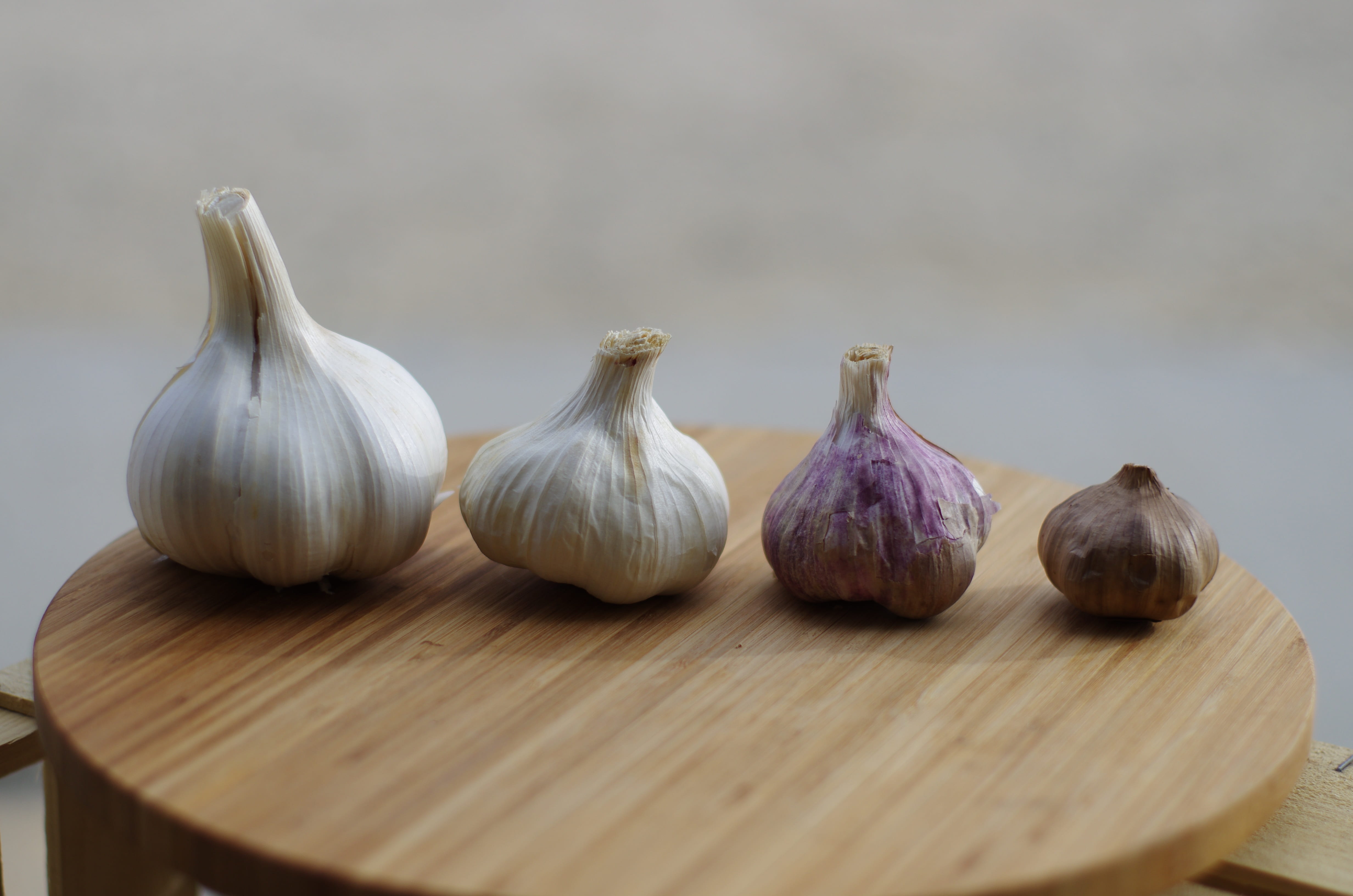 purple, copy space, assorted, garlic elephant, 4K, bulb, garlic, food, food and drink, flavors, selective focus, indoors, garlic clove, board, HD Wallpaper