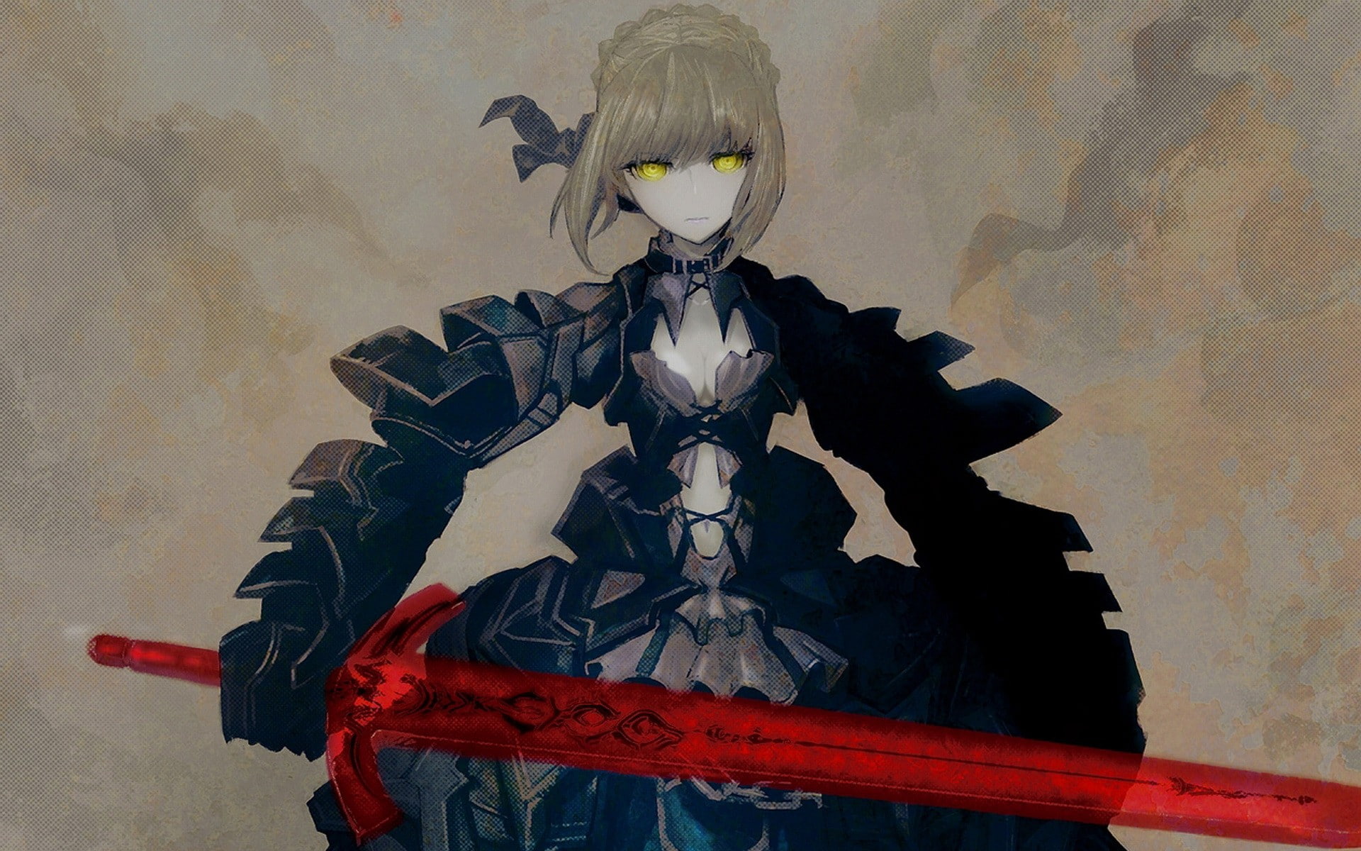weapons, fatestay, 1080P, ribbons, short, stay, braids, hd, anime, blondes, armor, hair, cleavage, art, eyes, sim, night, saber, huke, yellow, fate, Fate, HD Wallpaper