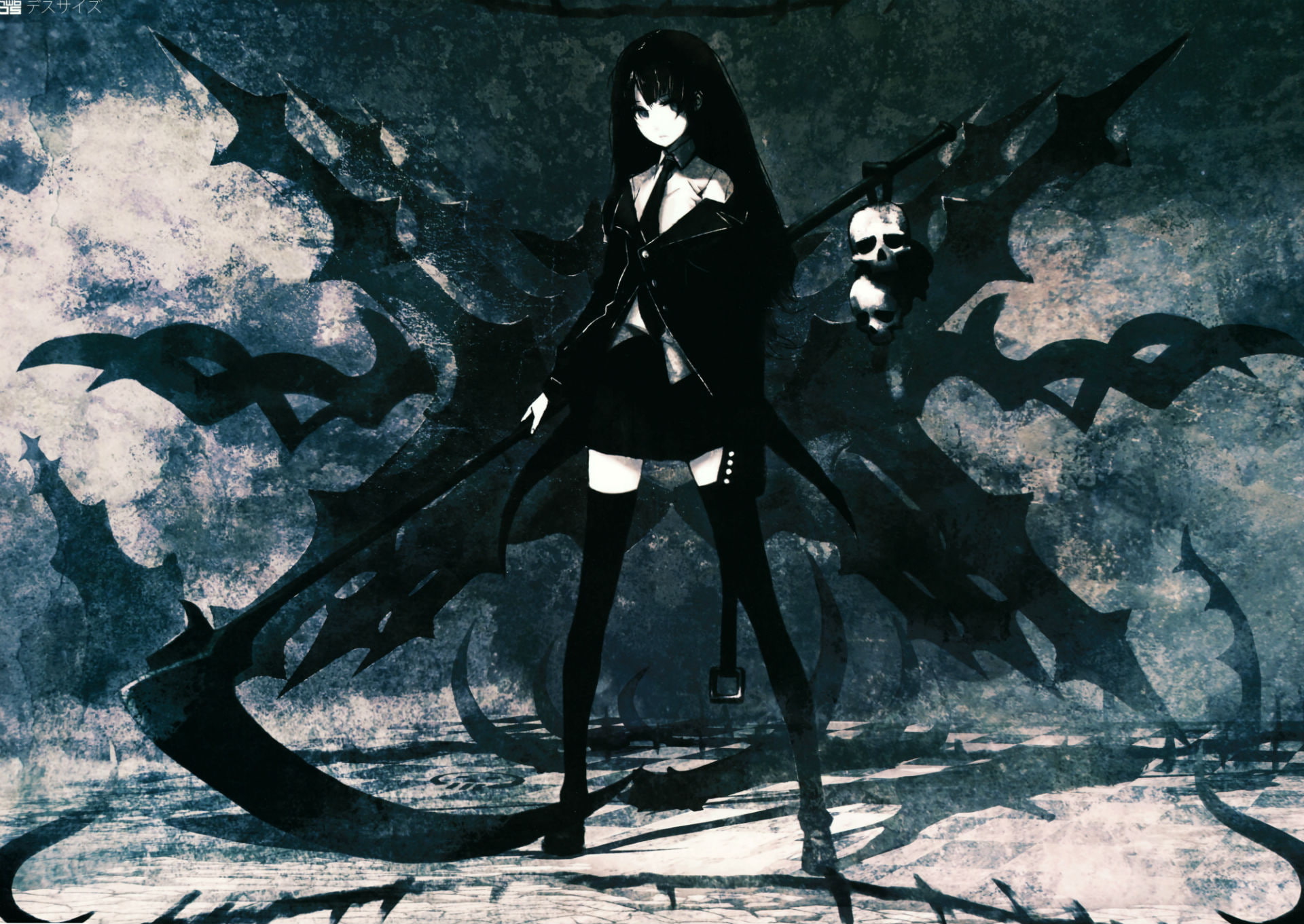 1080P, hair, green, rock, shooter, weapon, huke, monochrome, long, original, death, thighhighs, black, scythe, skirt, eyes, HD Wallpaper
