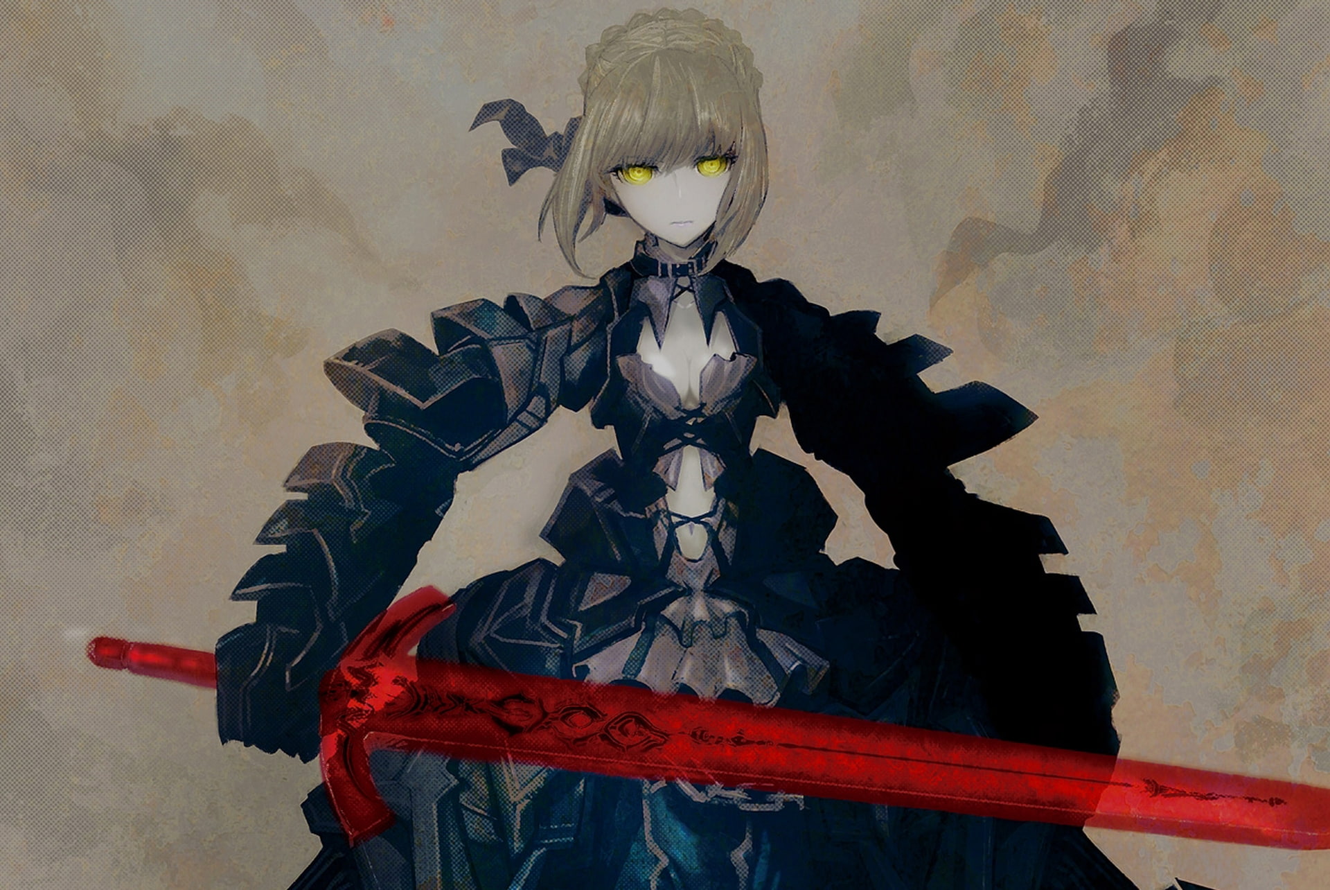fate, stay, hair, 1080P, photoshop, dress, weapon, blonde, night, eyes, saber, short, sword, yellow, armor, huke, HD Wallpaper
