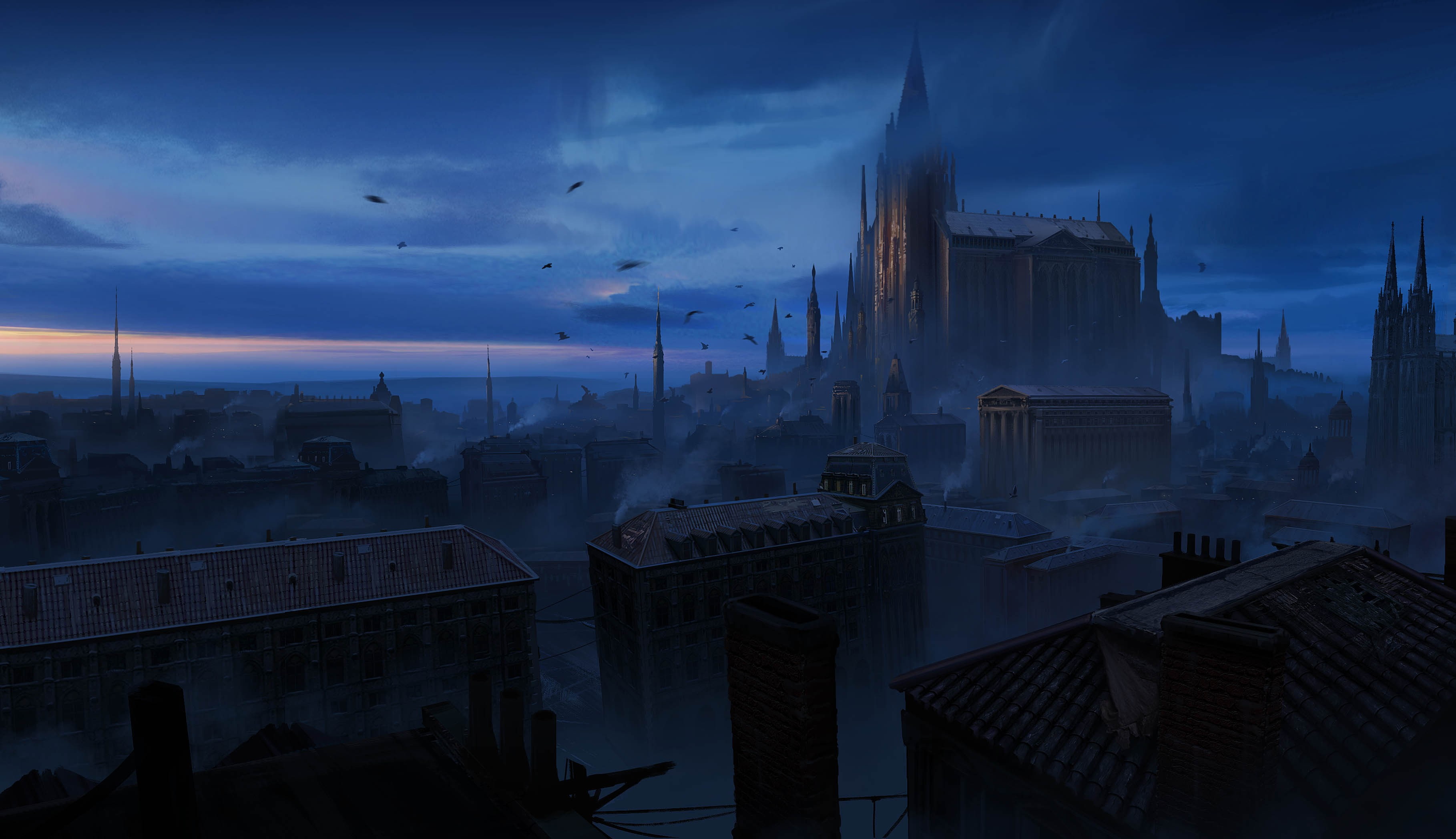 fantasy art artwork digital art abstract dark birds buildings clouds mist castle abandoned city, 2K, HD Wallpaper