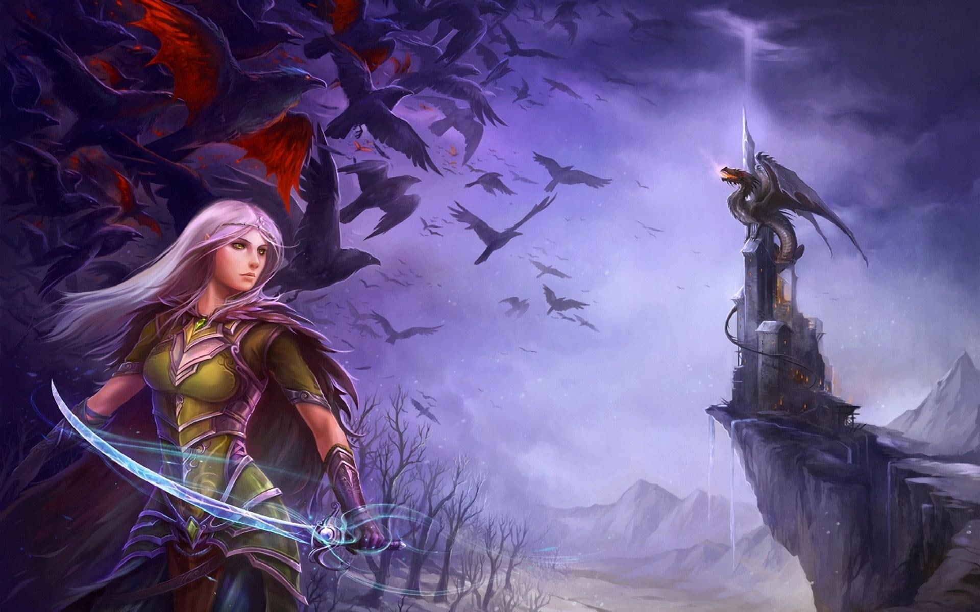 girl, elf, castle, awesome, dragon, birds, fantasy, sword, 1080P, HD Wallpaper