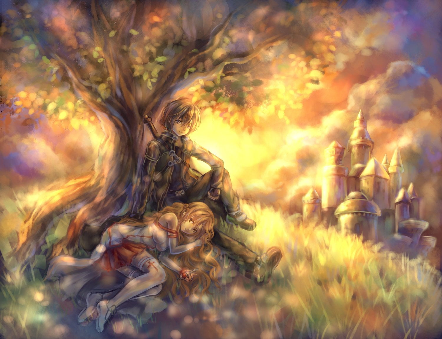 Girl, sunset, Lying Down, cloud - sky, Sitting, asuna, kirito, burning, backgrounds, swirl, selective focus, abstract, Sword, Short Hair, magic, Kirigaya Kazuto, HD Wallpaper