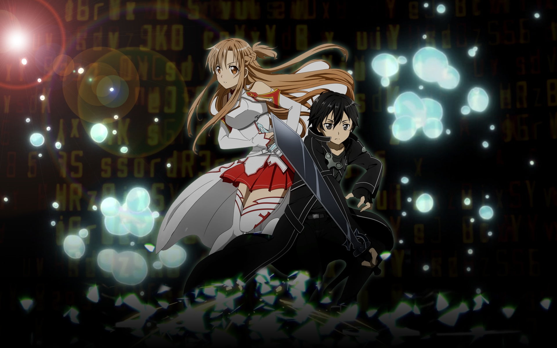 black, anime, boys, girls, art, asuna, kazuto, kirigaya, eyes, sword, hair, swords, brunettes, brown, long, short, yuuki, online, weapons, braids, 1080P, HD Wallpaper
