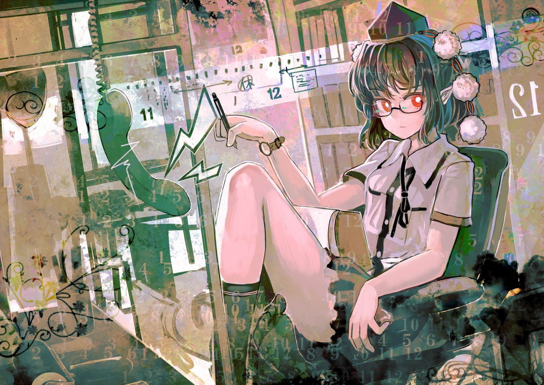 tokin, numbers, tengu, video, telephone, books, games, hats, 720P, hair, girls, glasses, brunettes, socks, anime, skirts, meganekko, ribbons, sitting, HD Wallpaper