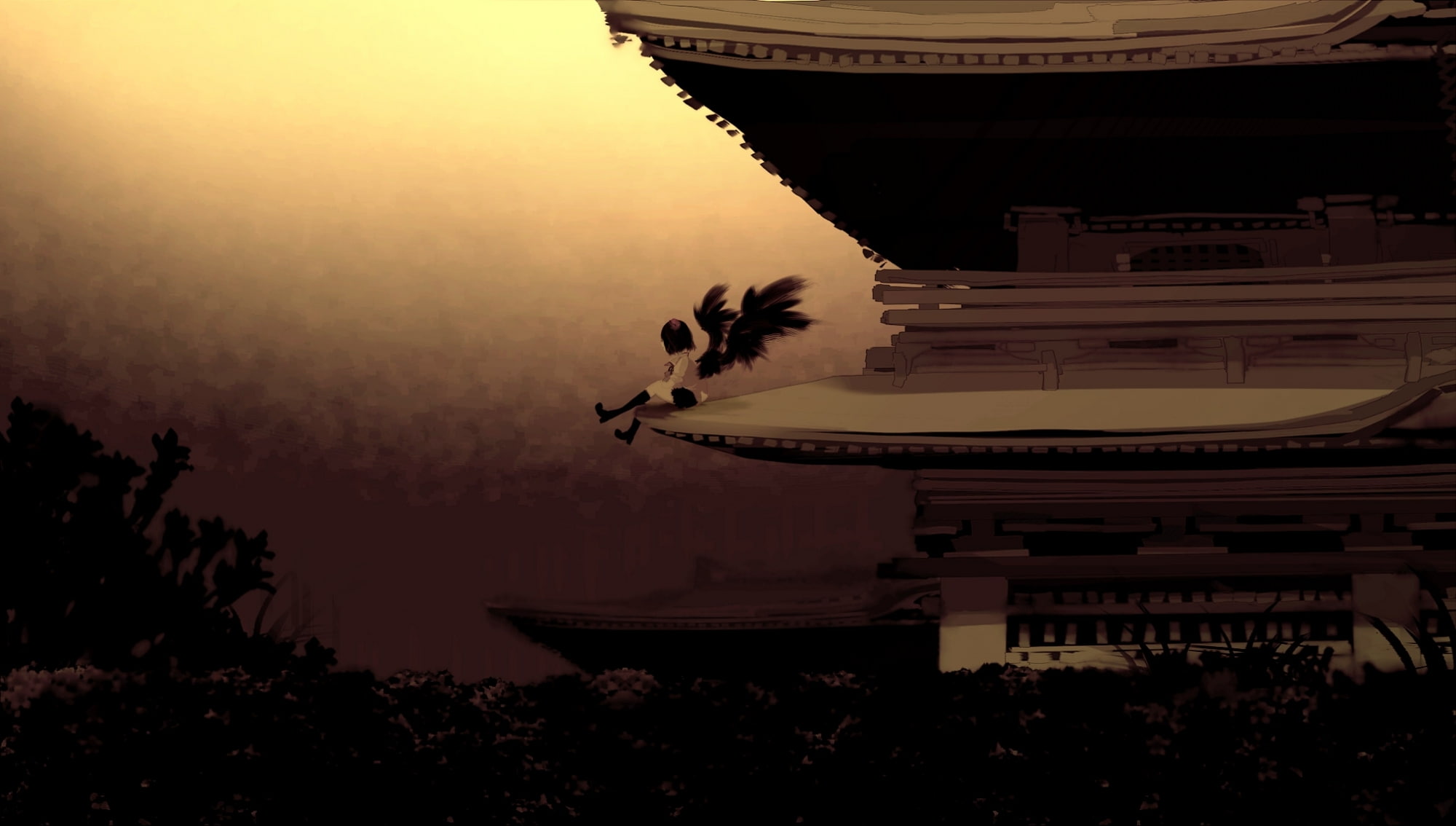 pagodas, hd, tengu, Video Games, Shameimaru Aya, aya, shameimaru, art, Touhou, video, games, 1080P, HD Wallpaper