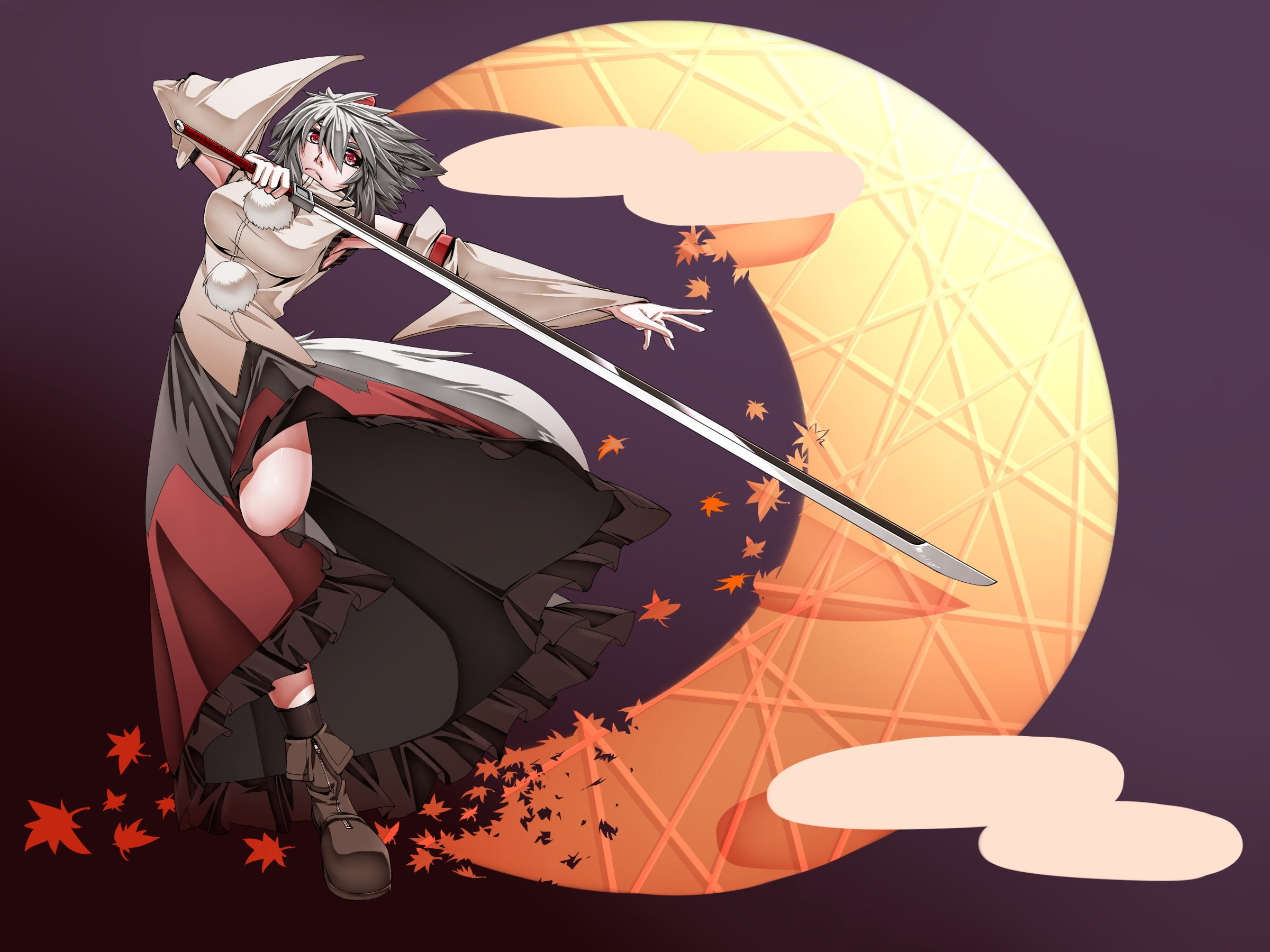 games, wolf, leaves, red, background, tengu, video, short, detached, girl, japanese, warriors, hats, clothes, hair, ears, sleeve, maple, animal, touhou, HD Wallpaper
