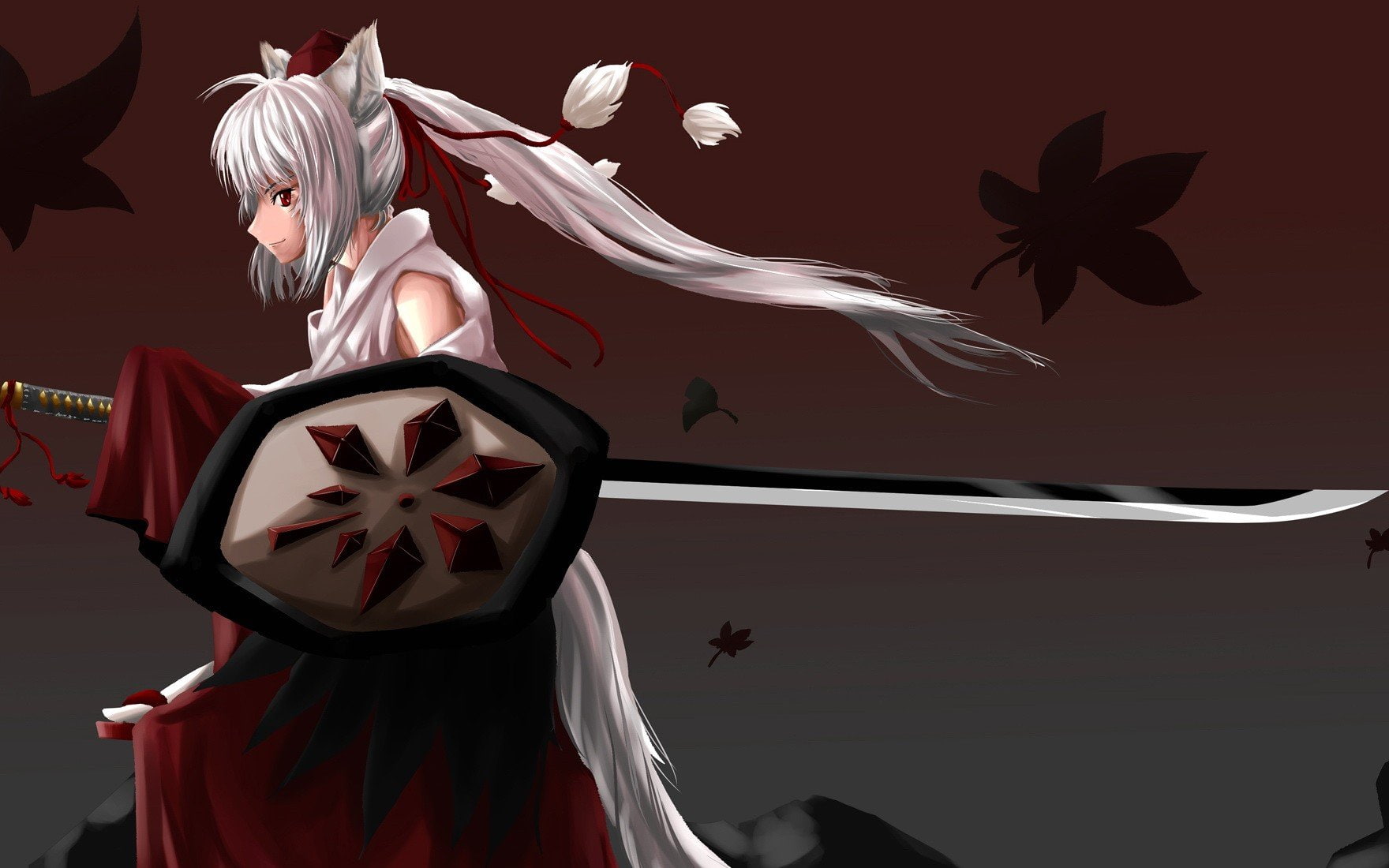 red, poms, white, ponytails, skirts, momiji, hair, pom, weapons, detached, clothes, games, japanese, long, inubashiri, shield, hat, 720P, hats, video, HD Wallpaper