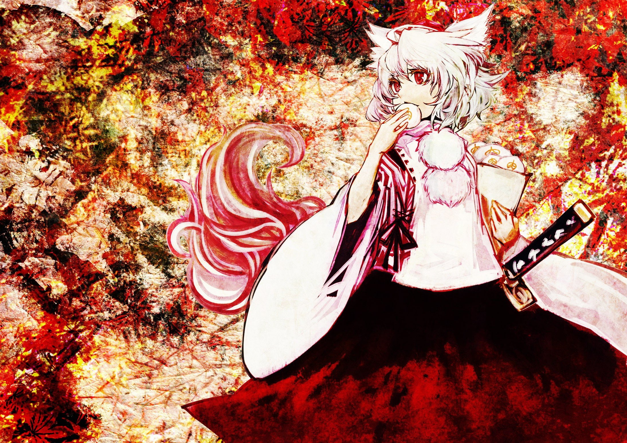 games, animal, clothes, food, 1080P, japanese, tails, poms, inumimi, momiji, pom, ears, tengu, video, weapons, ribbons, eating, red, detached, leaves, HD Wallpaper