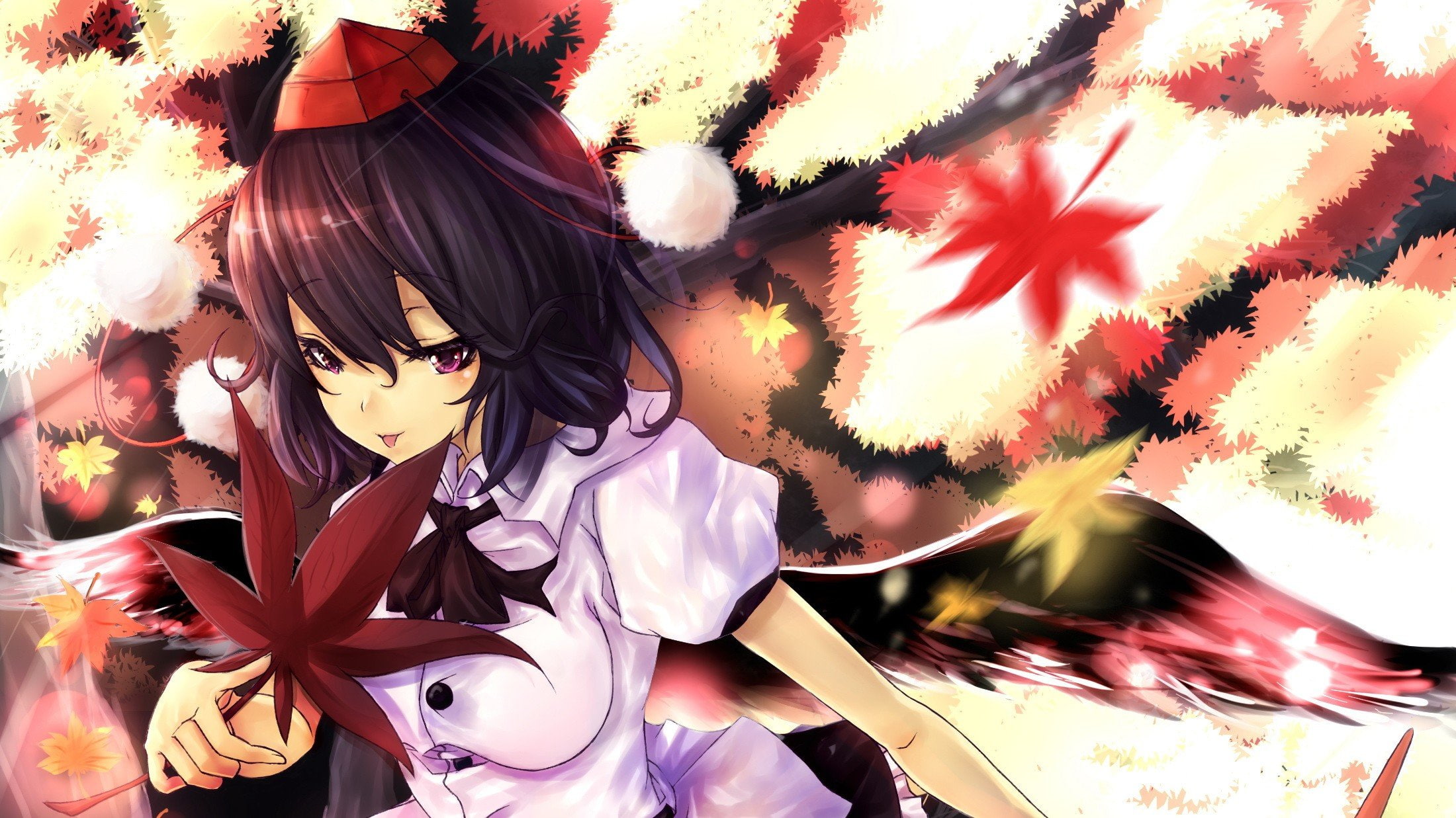 shameimaru, hat, anime, tongue, girls, bows, hair, purple, games, video, sunlight, short, autumn, tokin, 1080P, trees, hats, aya, touhou, black, eyes, HD Wallpaper