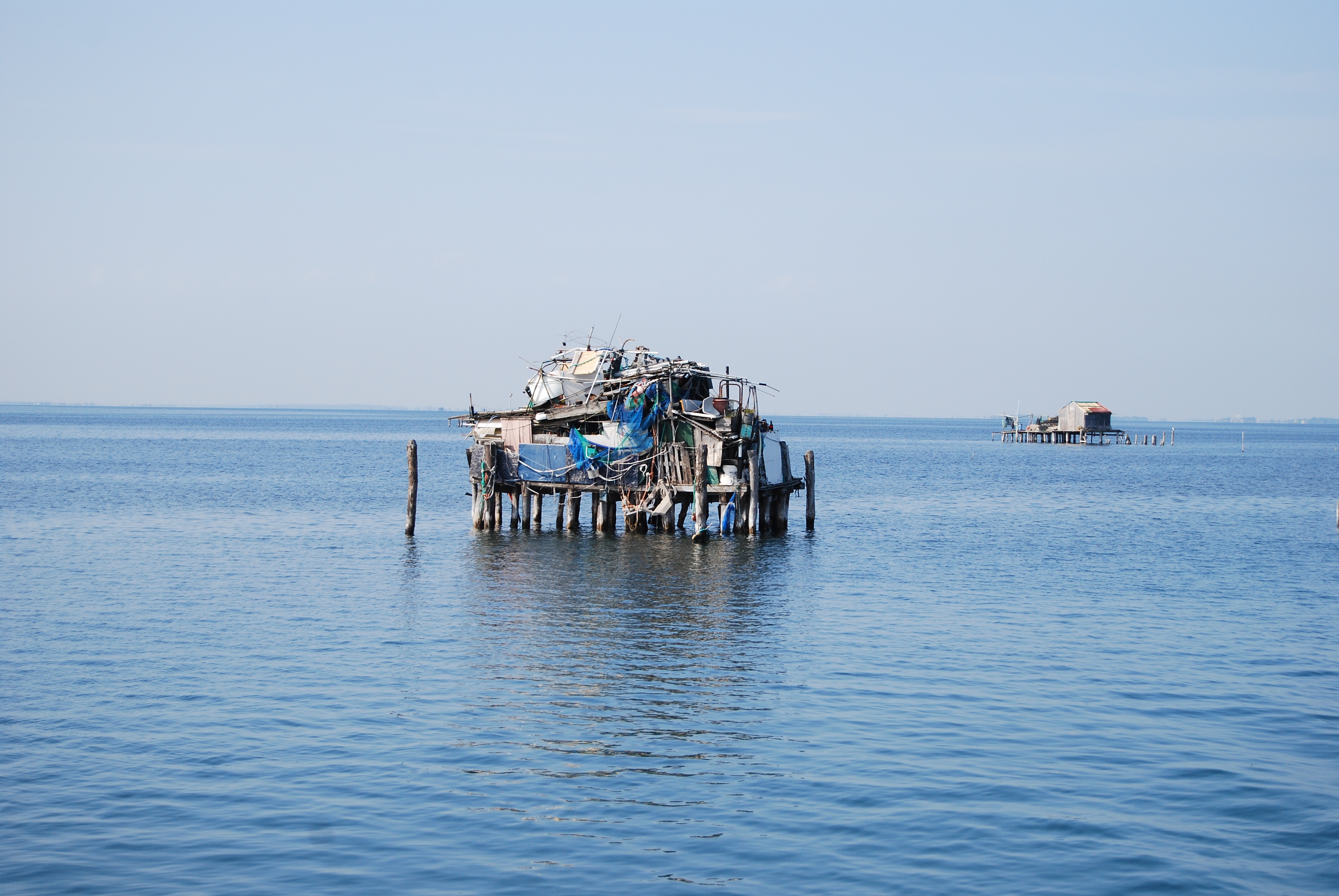 fishing industry, horizon over water, sky, transportation, outdoors, pollution, shack, water, blue, no people, sea, horizon, lagoon, scenics - nature, mode of transportation, HD Wallpaper