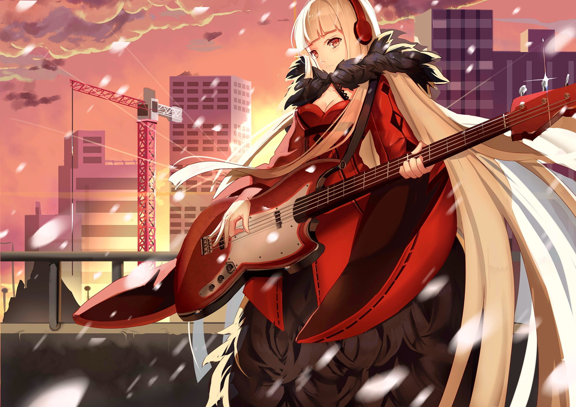 anime, pretty, Forever 7th Capital, city, 1080P, guitar, bishojo, headphone, girl, HD Wallpaper