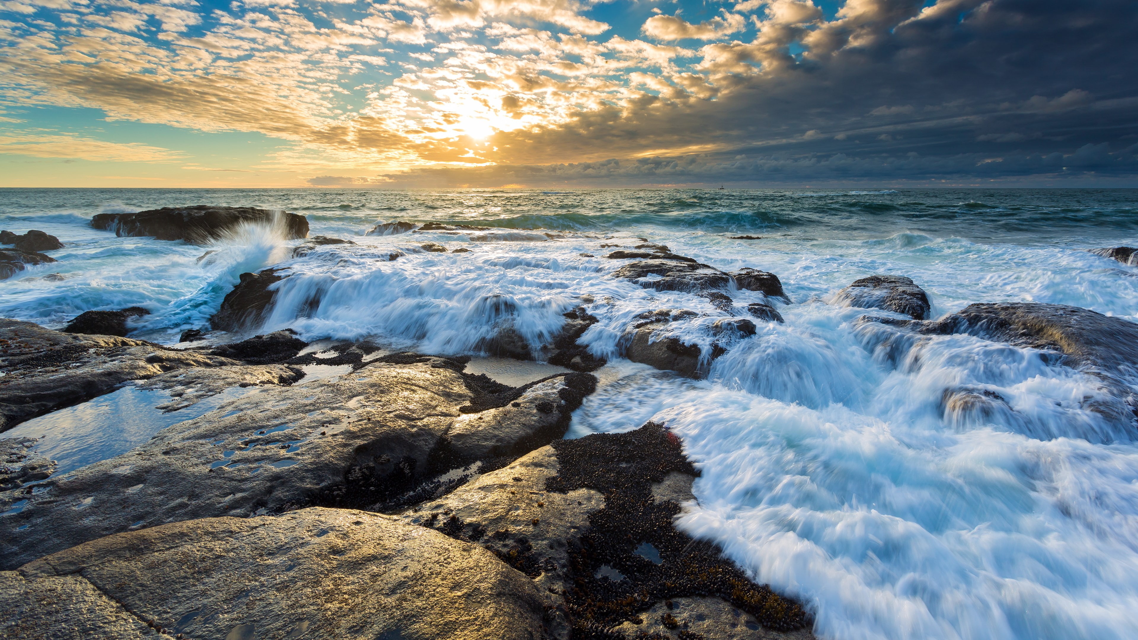 solid, flowing water, sport, water, motion, cloud - sky, beach, beauty in nature, rock - object, nature, aquatic sport, no people, latest new  nature scene 3840x2160, HD Wallpaper