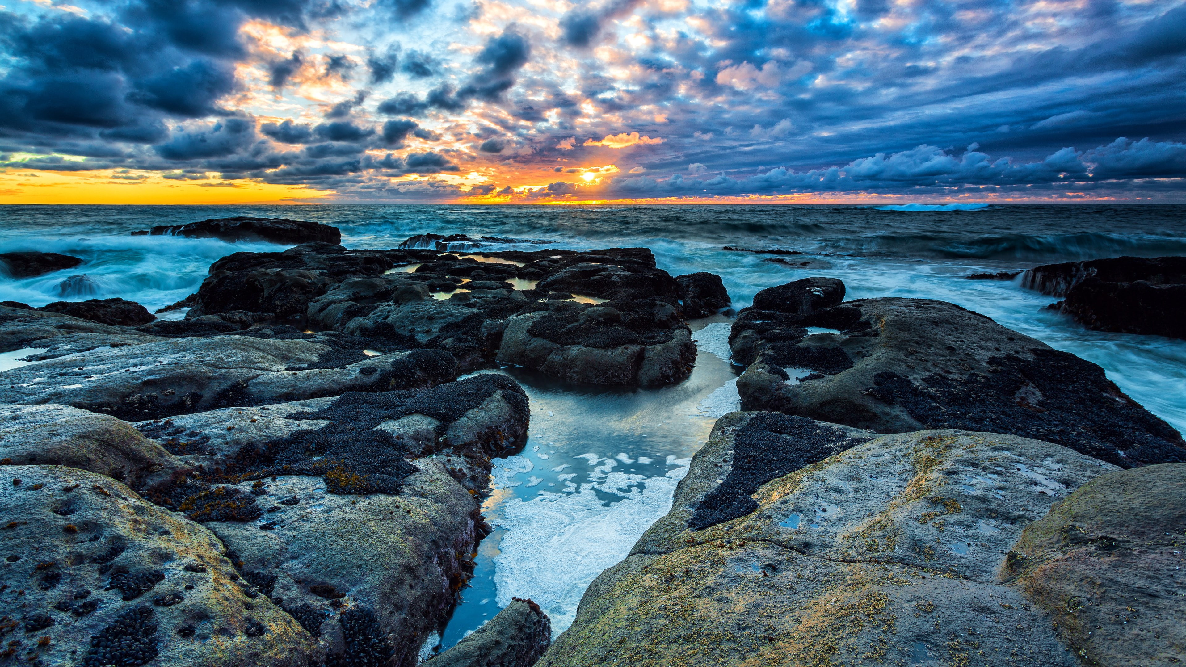 sunset, no people, 4K, dusk, horizon, scenics - nature, horizon over water, land, rock - object, sea, beauty in nature, rock, sky, tranquility, water, HD Wallpaper