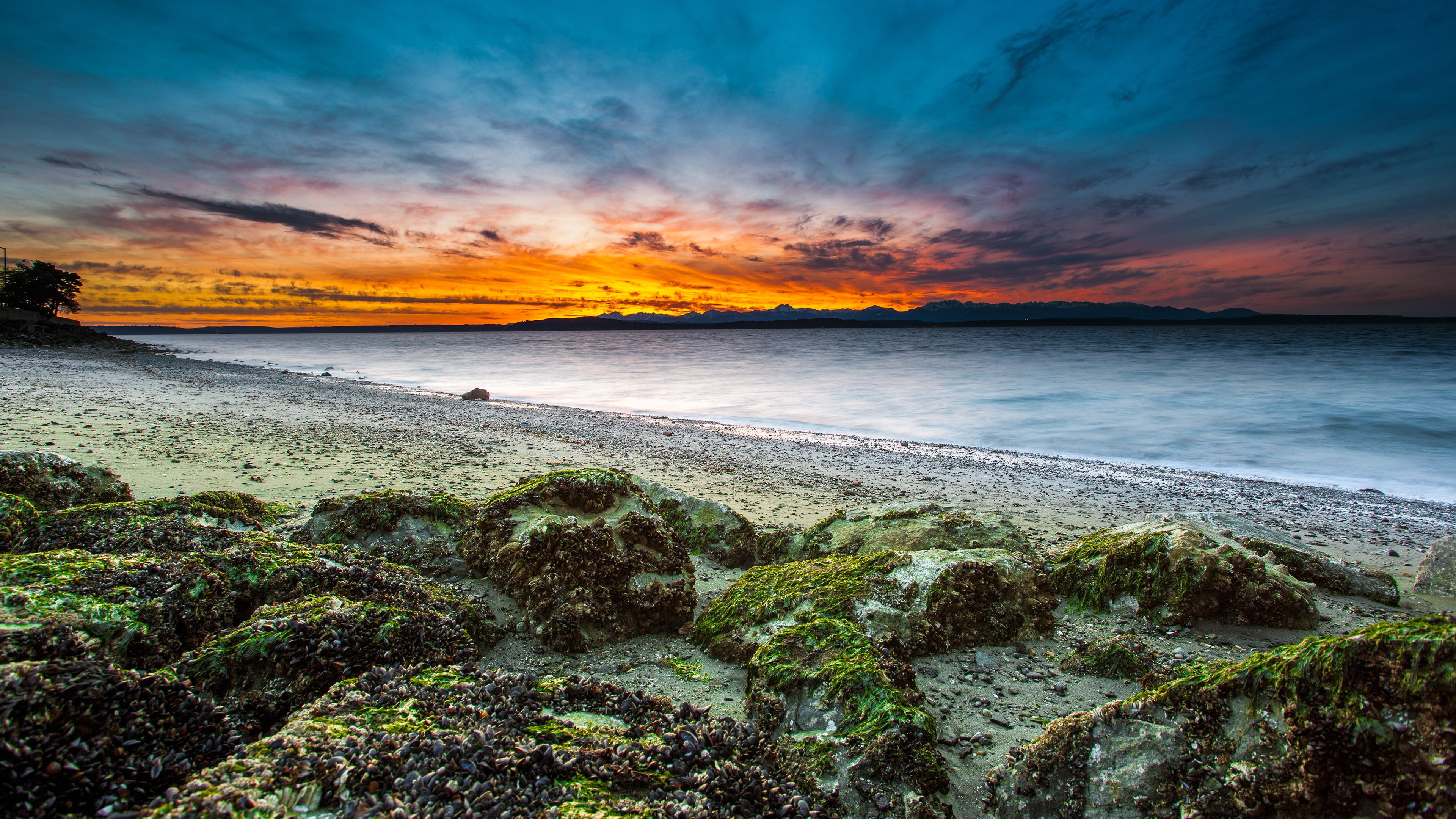 sky, sunset, water, latest new  nature scene 3840x2160, nature, sea, horizon over water, tranquility, beach, non-urban scene, scenics - nature, no people, HD Wallpaper