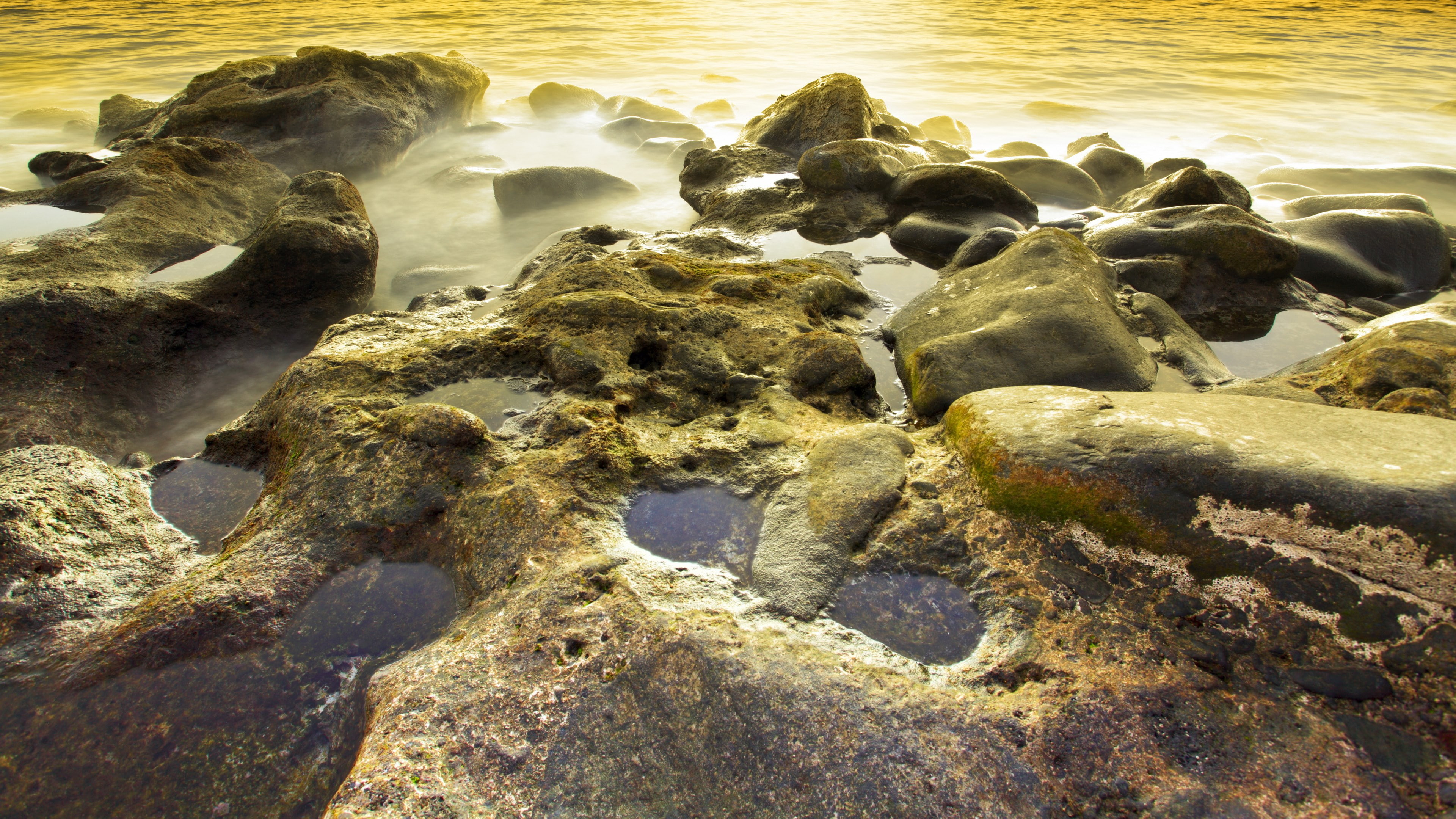 sunlight, water, no people, day, tranquility, scenics - nature, beauty in nature, nature, 4K, rock, solid, motion, sunset, beach, rock formation, idyllic, HD Wallpaper