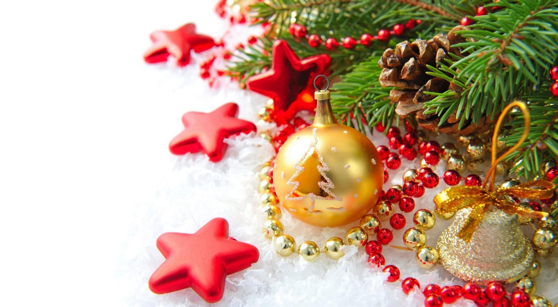 golden, 1080P, star, christmas balls, bell, happy new year, christmas, chain, merry christmas, snow, red, HD Wallpaper