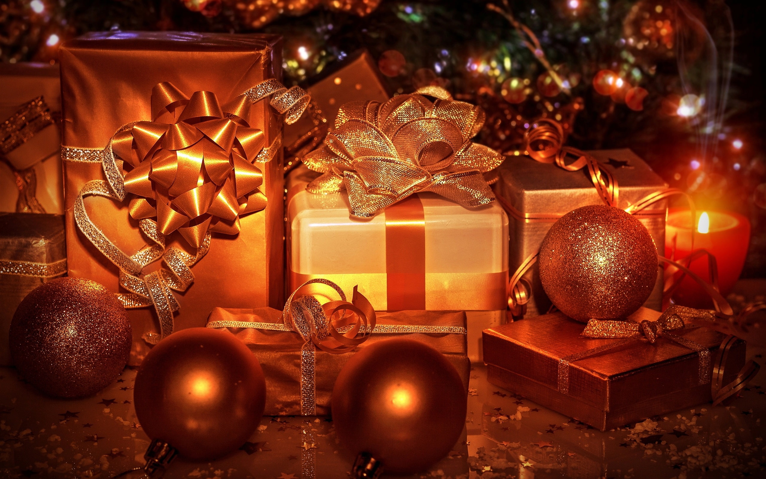 Color, Christmas, Balls, Ribbon, 2K, Decorations, Gifts, Golden, HD Wallpaper