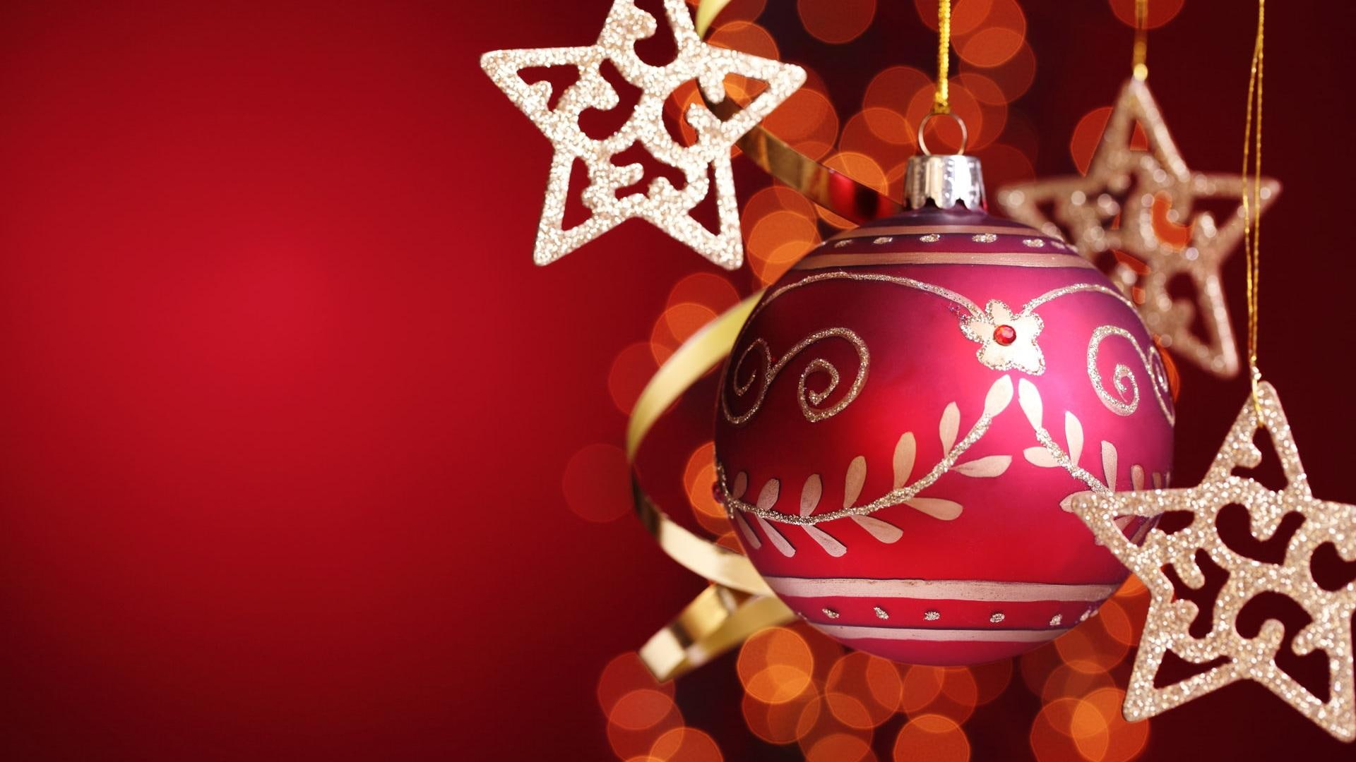 shine, stars, ball, golden, ornaments, 1080P, christmas, HD Wallpaper