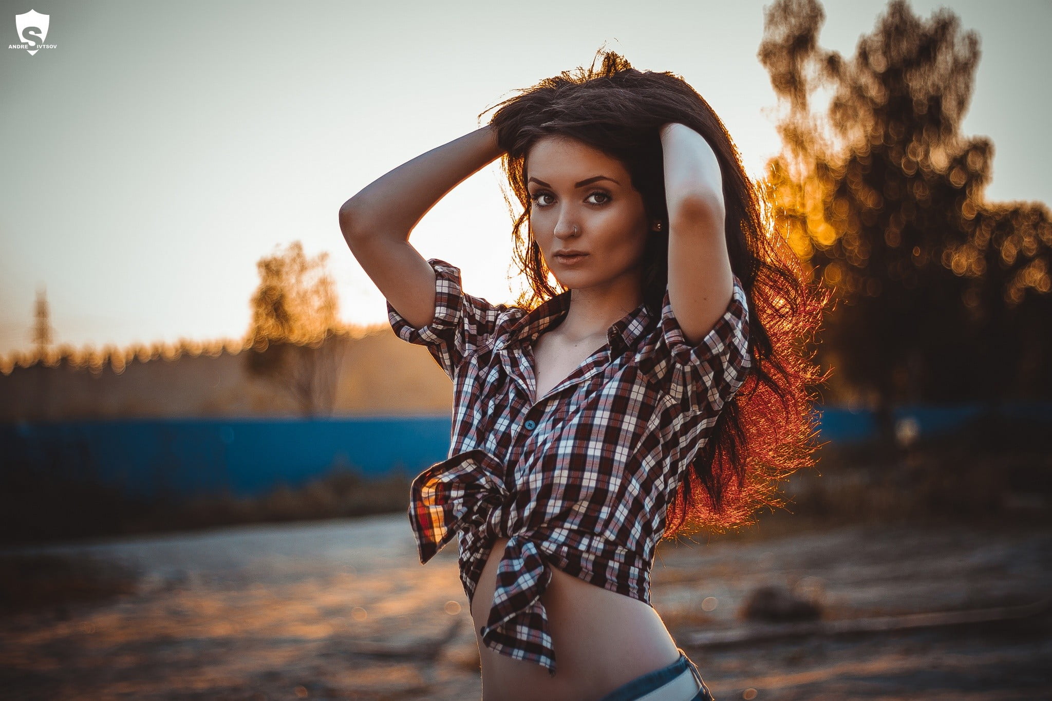 nature, hairstyle, one person, 1080P, beauty, casual clothing, hands on head, contemplation, shirt, beautiful woman, outdoors, water, sunset, women, hair, HD Wallpaper