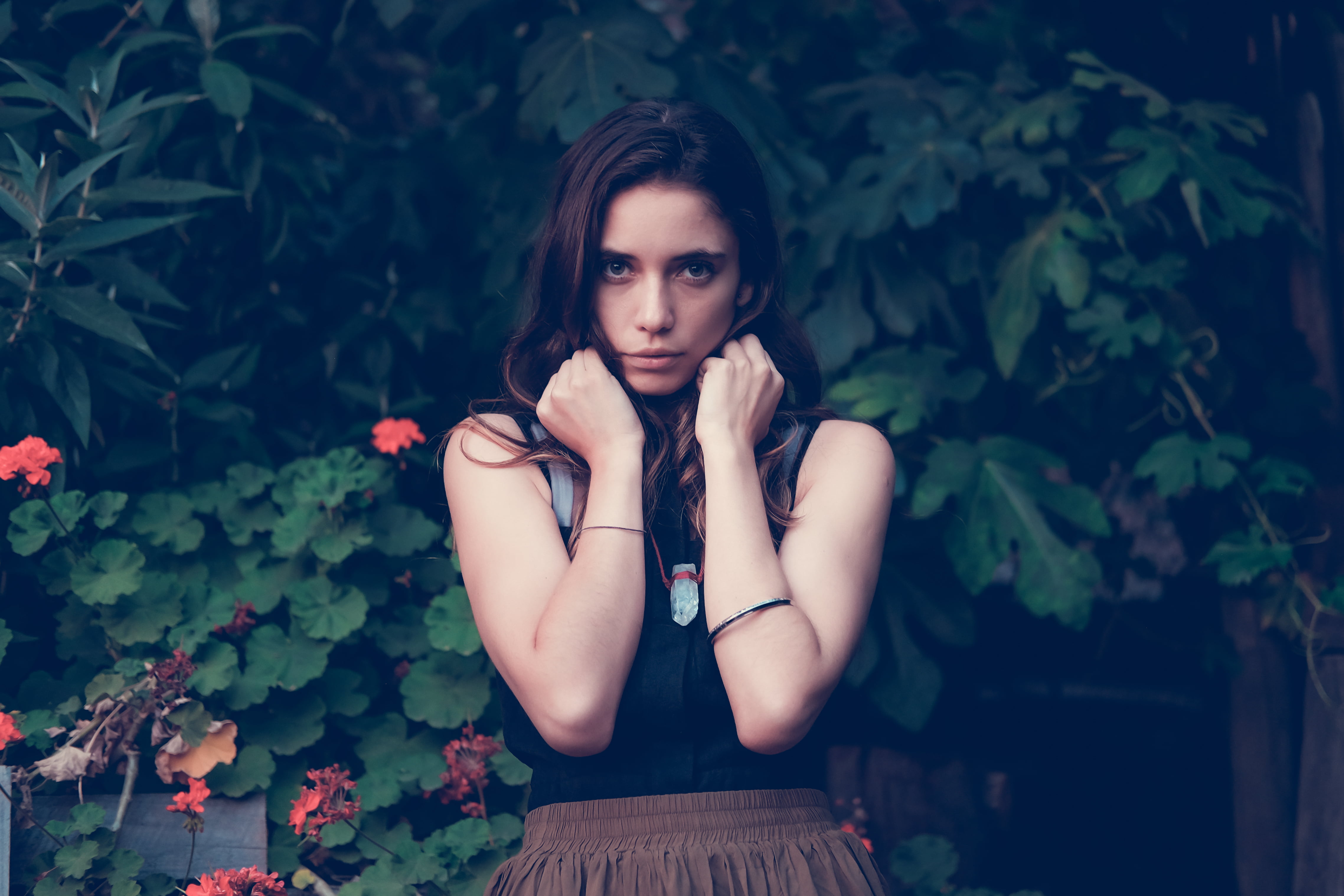 plant, outdoors, hairstyle, young women, contemplation, focus on foreground, long hair, brown eyes, beauty, portrait, real people, looking at camera, women, HD Wallpaper
