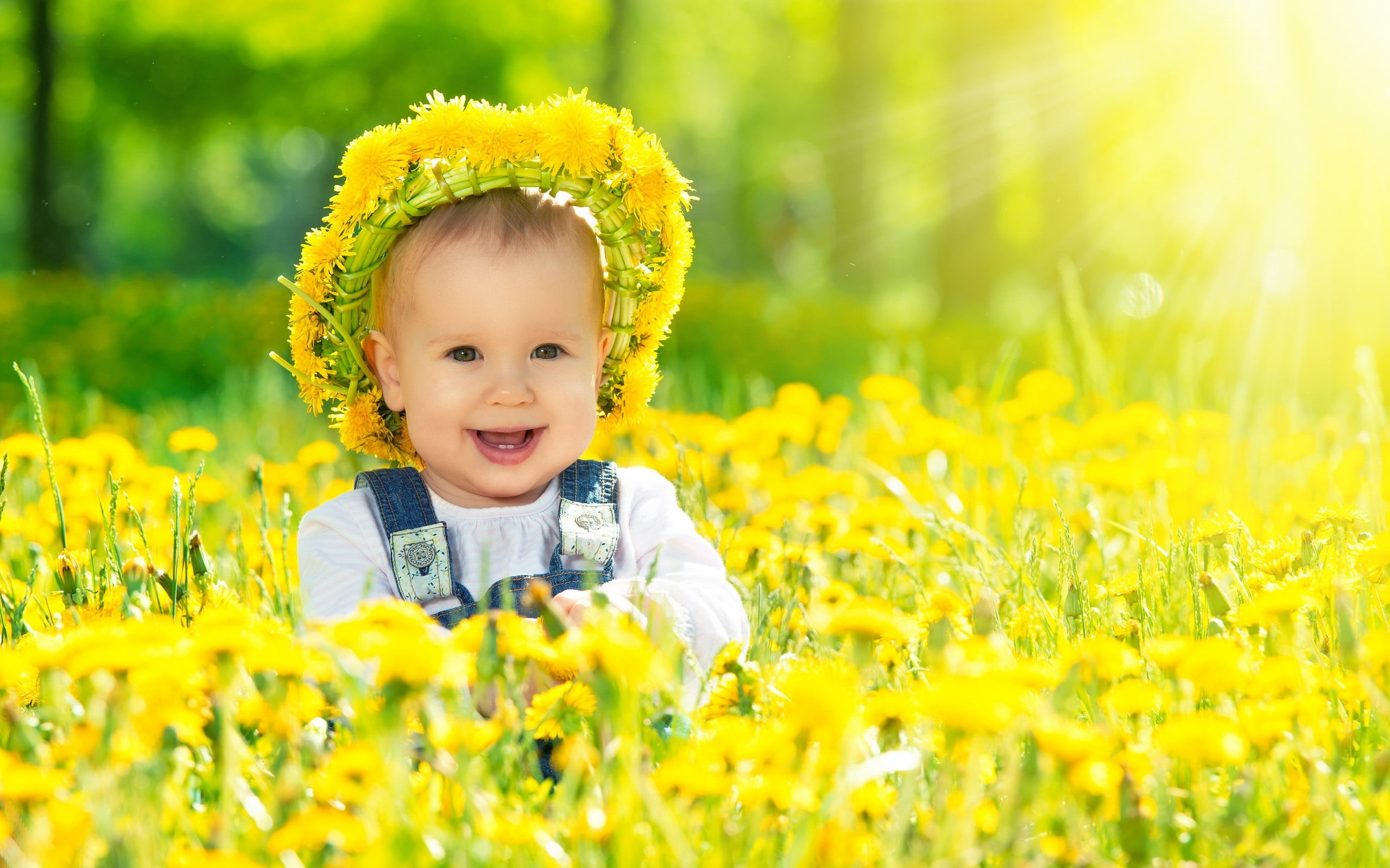 plant, real people, looking at camera, freshness, childhood, headpiece, selective focus, flower, innocence, dandelion, cute, flowers, Baby, portrait, beauty in nature, HD Wallpaper