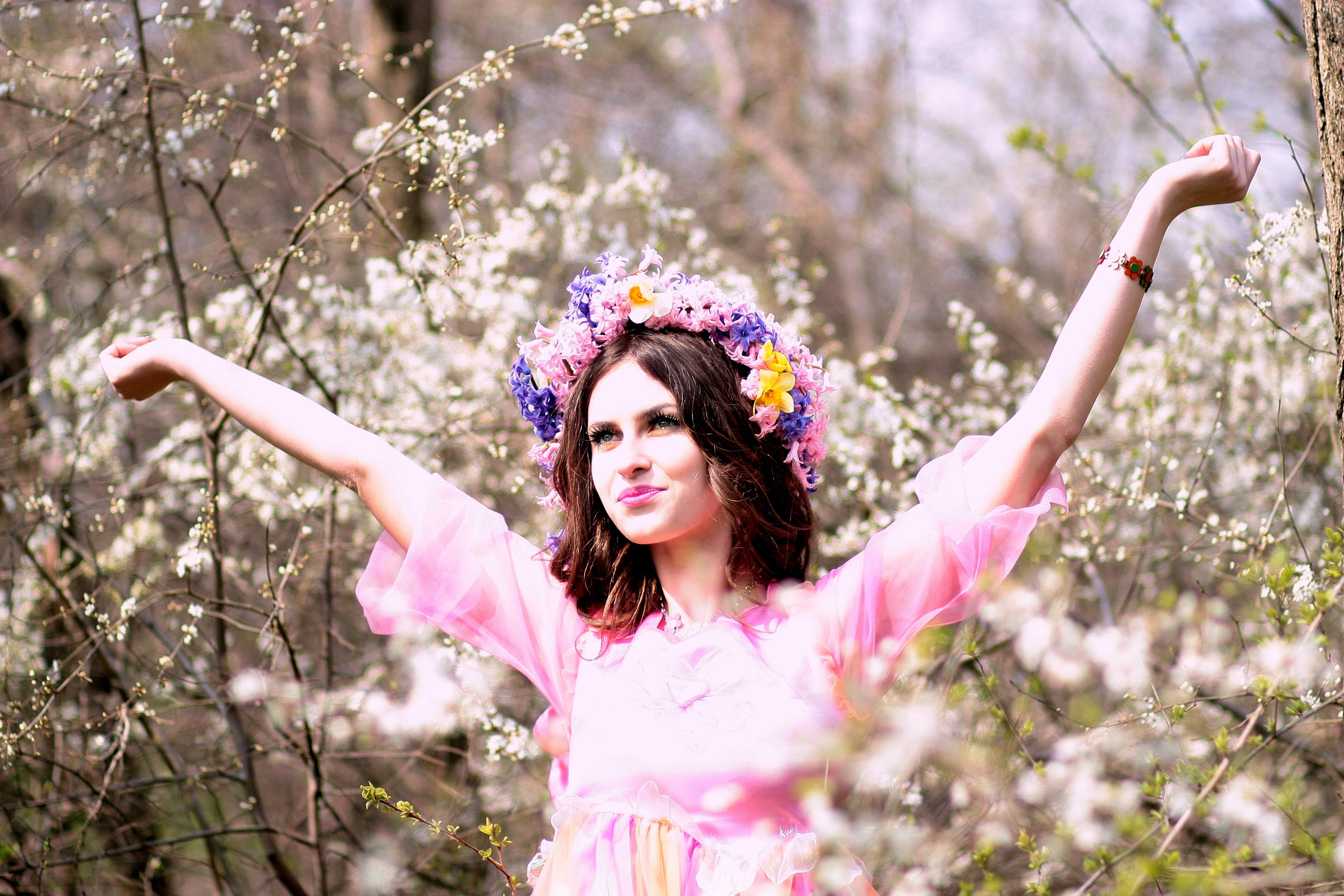 arms outstretched, women, hand, springtime, outdoors, photography, flower, limb, pink color, spring, headpiece, wreath, floral, woman, multicolored, flowers, HD Wallpaper