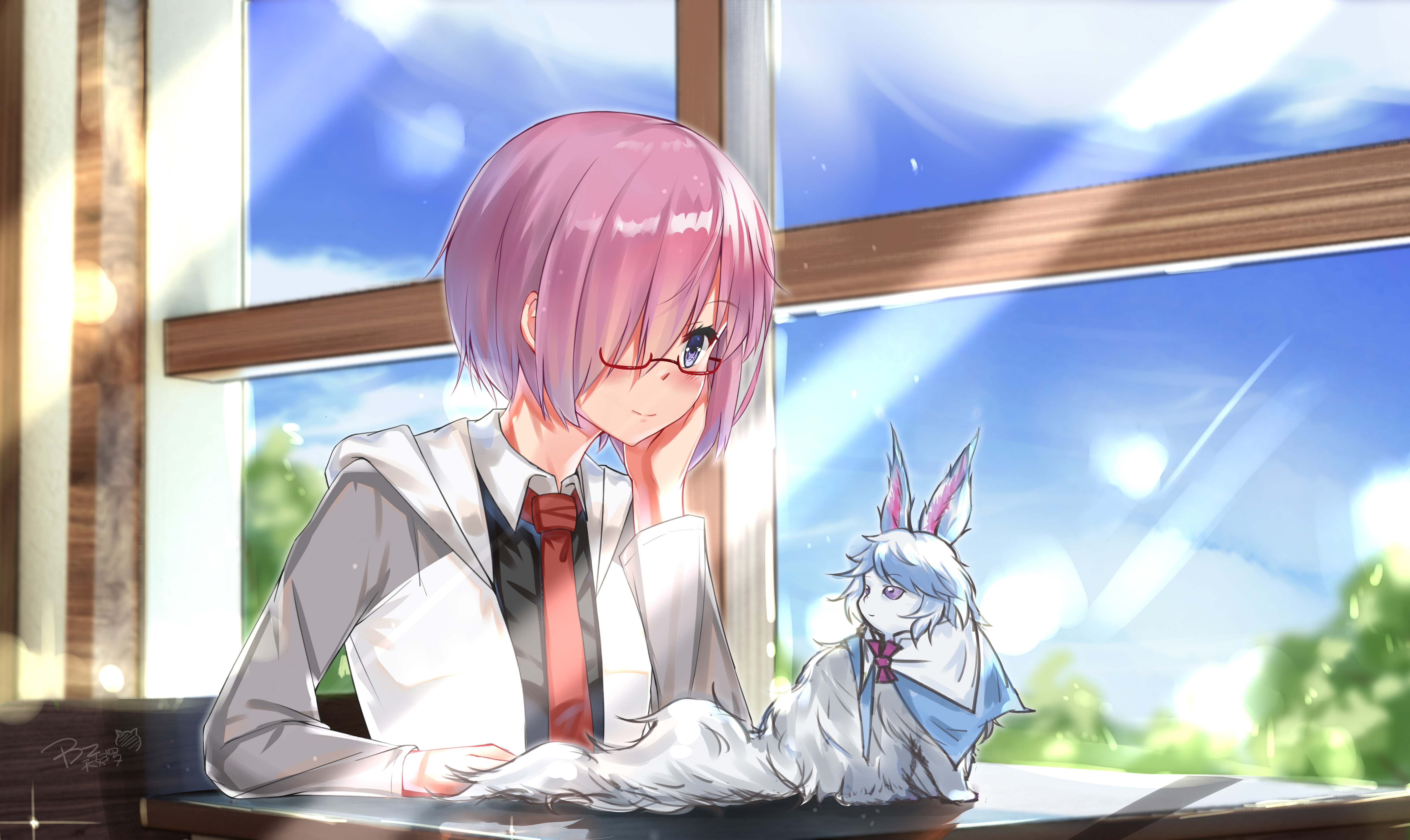 reflection, fate grand order, meganekko, built structure, representation, transparent, 5K, shielder, fou, sky, matthew kyrielite, creativity, architecture, HD Wallpaper