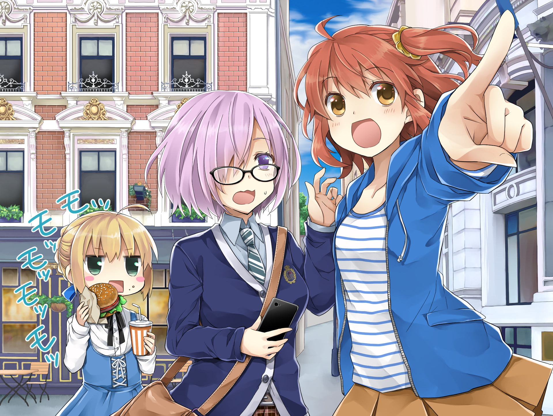 building exterior, costume, 1080P, two people, Fujimaru Ritsuka, fun, people, built structure, mask, celebration, Fate/Grand Order, day, mask - disguise, HD Wallpaper