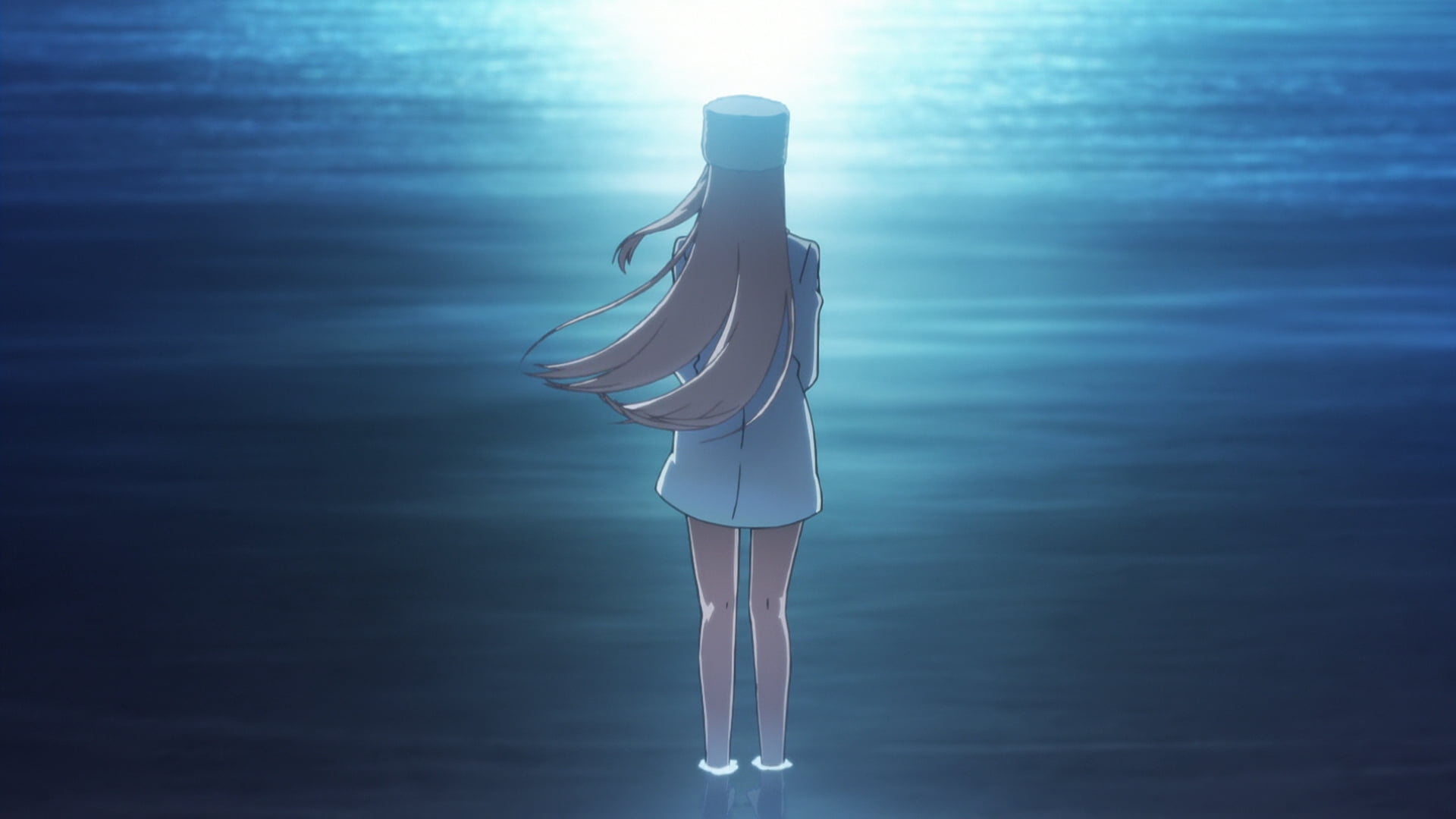 standing, anime, clothing, outdoors, fashion, Irisviel von Einzbern, anime girls, blue, rear view, sea, full length, reflection, lifestyles, hairstyle, HD Wallpaper