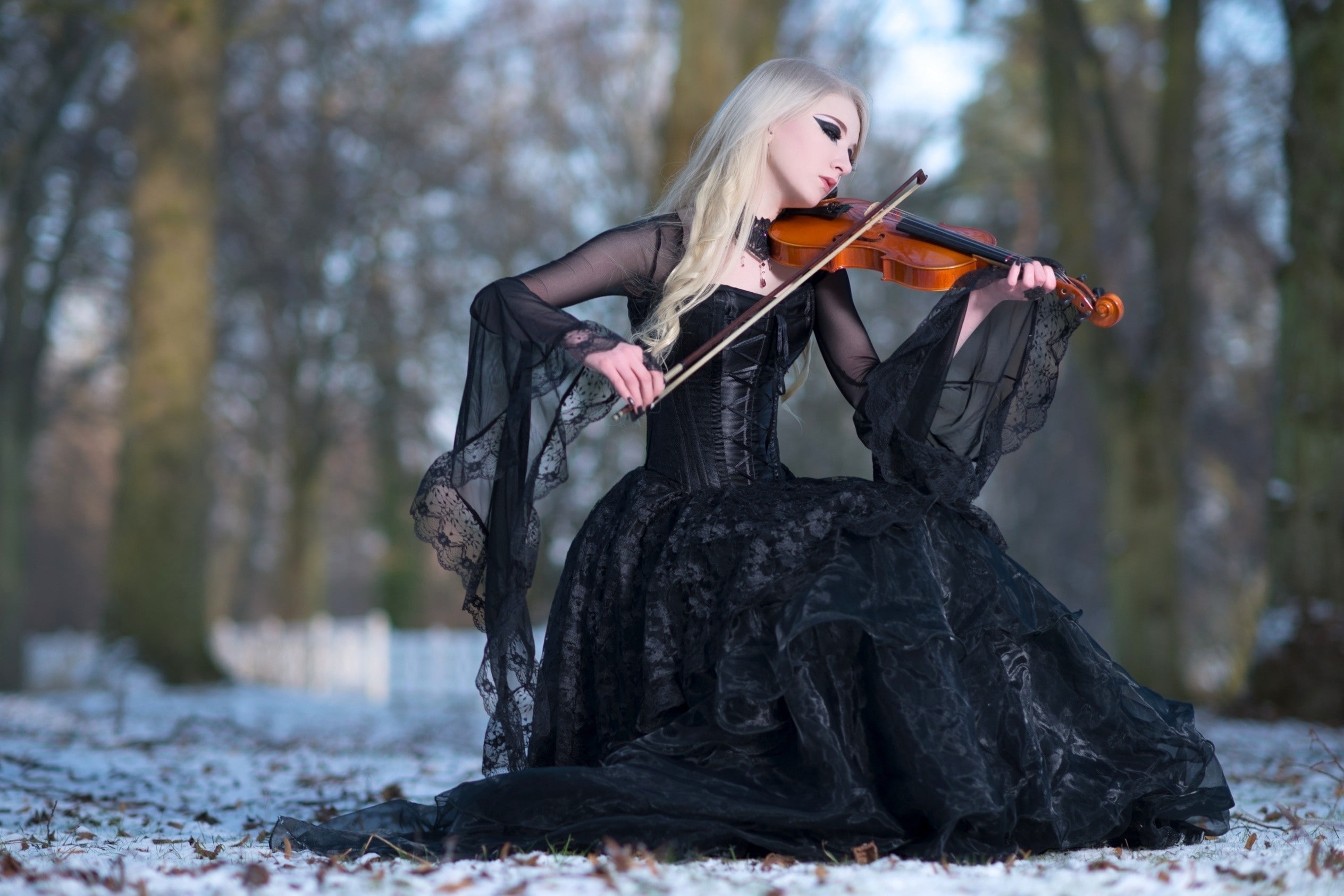 violin, women, 1080P, Gothic, wood, women outdoors, snow, HD Wallpaper