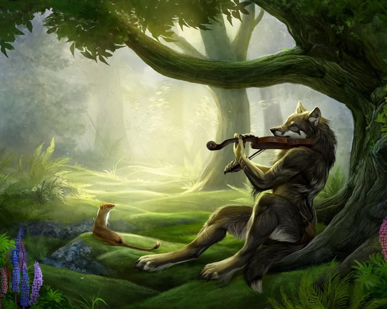 leaf, violin, day, tropical Rainforest, no people, water, mammal, wildlife, animal, green Color, fantasy, music, tree, forest, wolf, 720P, plant part, HD Wallpaper