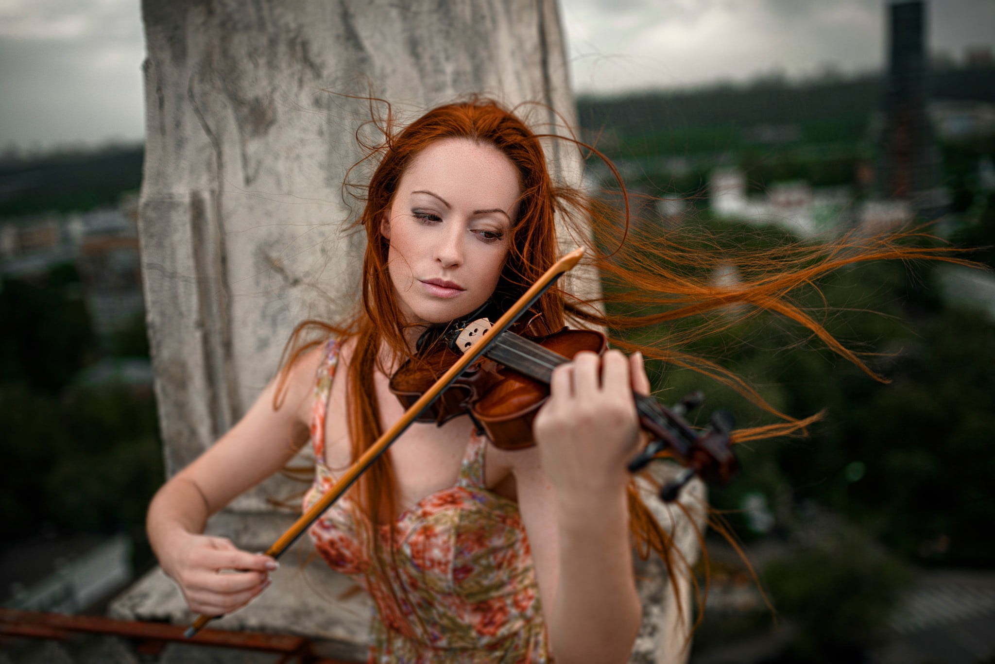 beautiful people, adult, bare shoulders, hairstyle, music, violinist, contemplation, model, women outdoors, hair, beauty, string instrument, women, one person, HD Wallpaper