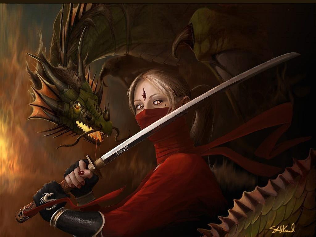 adult, playing, females, 480P, dragon, violin, young adult, indoors, fantasy art, string instrument, arts culture and entertainment, sword, musician, violinist, HD Wallpaper