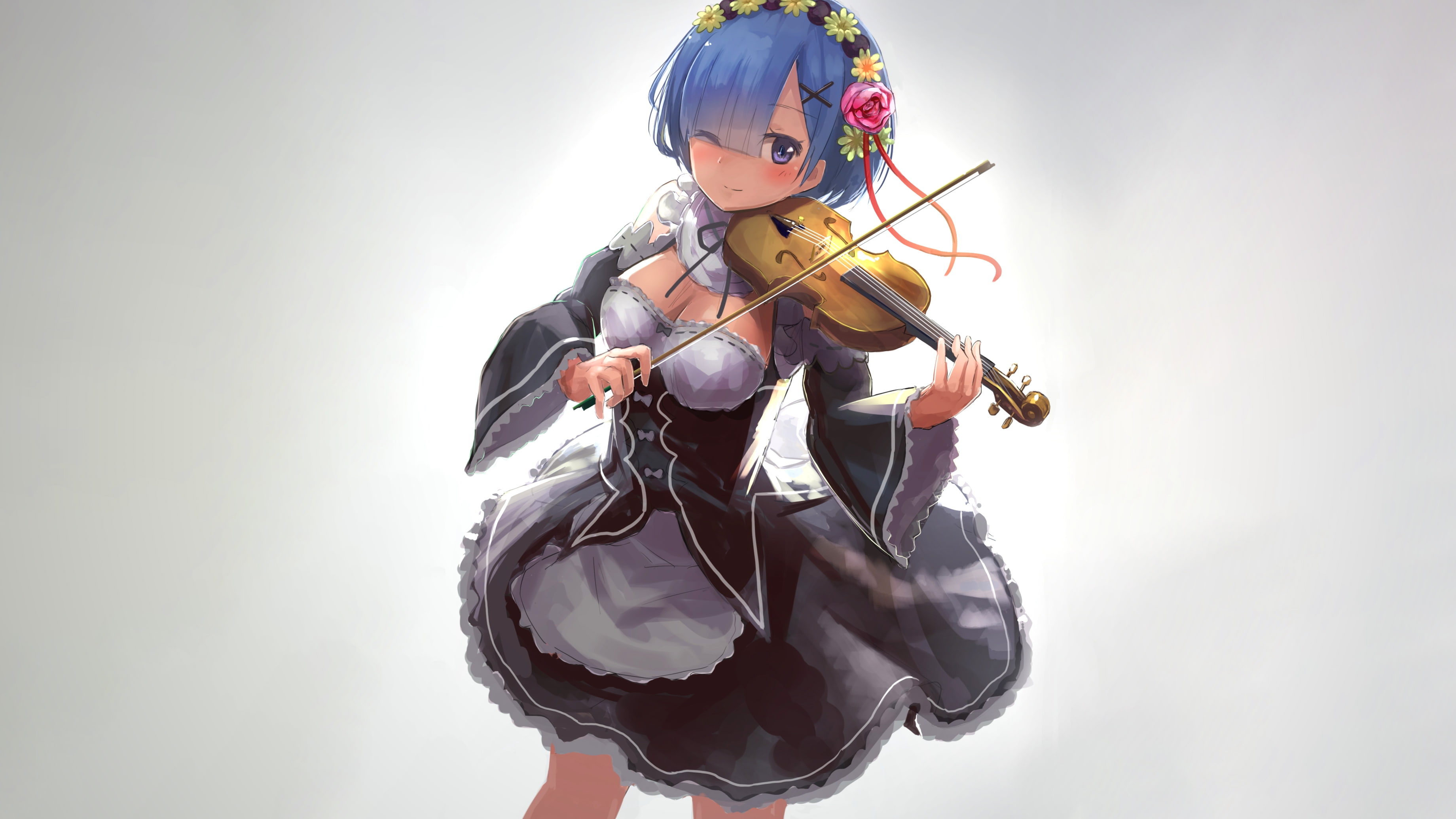 string instrument, front view, arts culture and entertainment, hairstyle, portrait, bow - musical equipment, creativity, maid clothes, re: zero, white background, HD Wallpaper