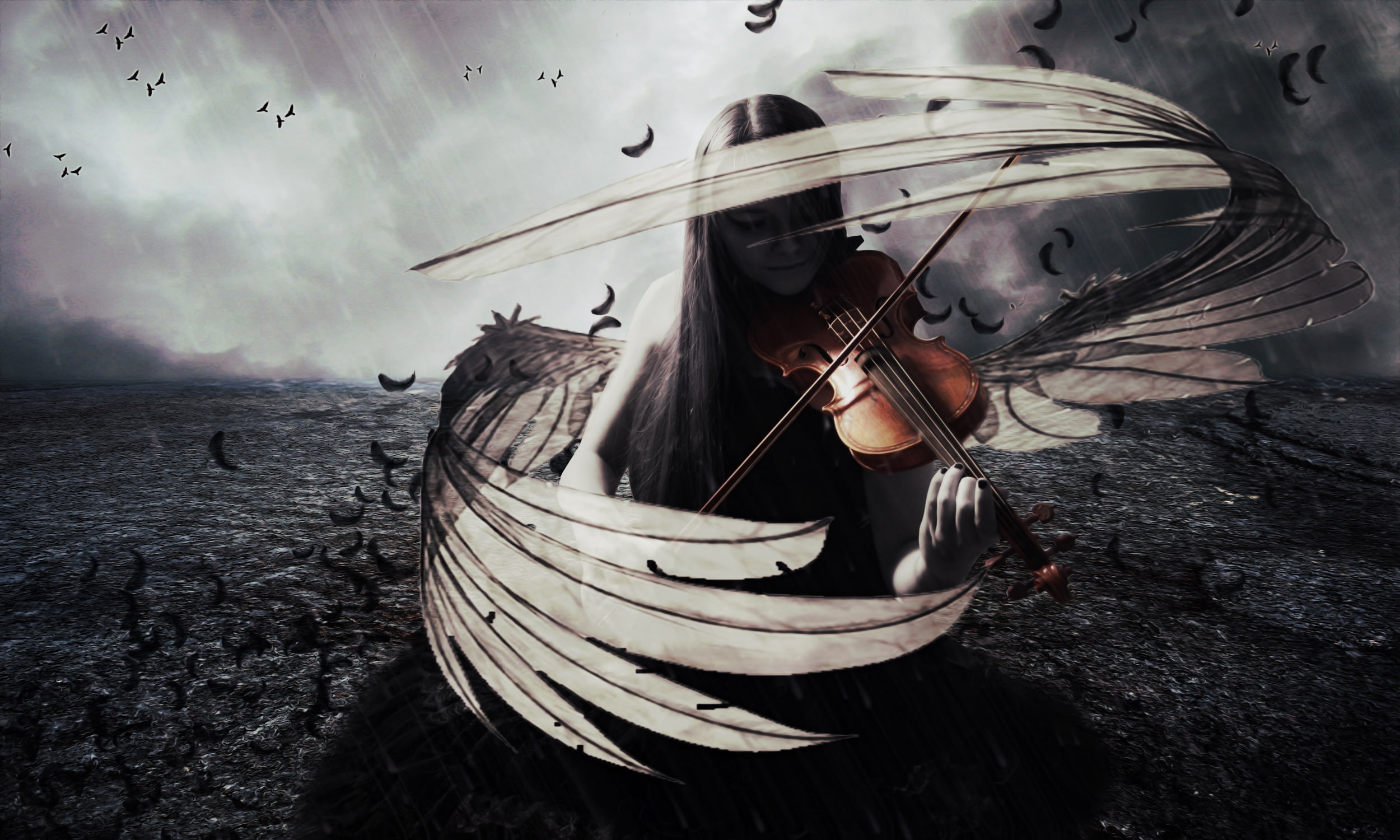 Angel, Violin, Fantasy, Dark, Music, Photoshop, Gothic, Violinist, Wings, 1080P, HD Wallpaper