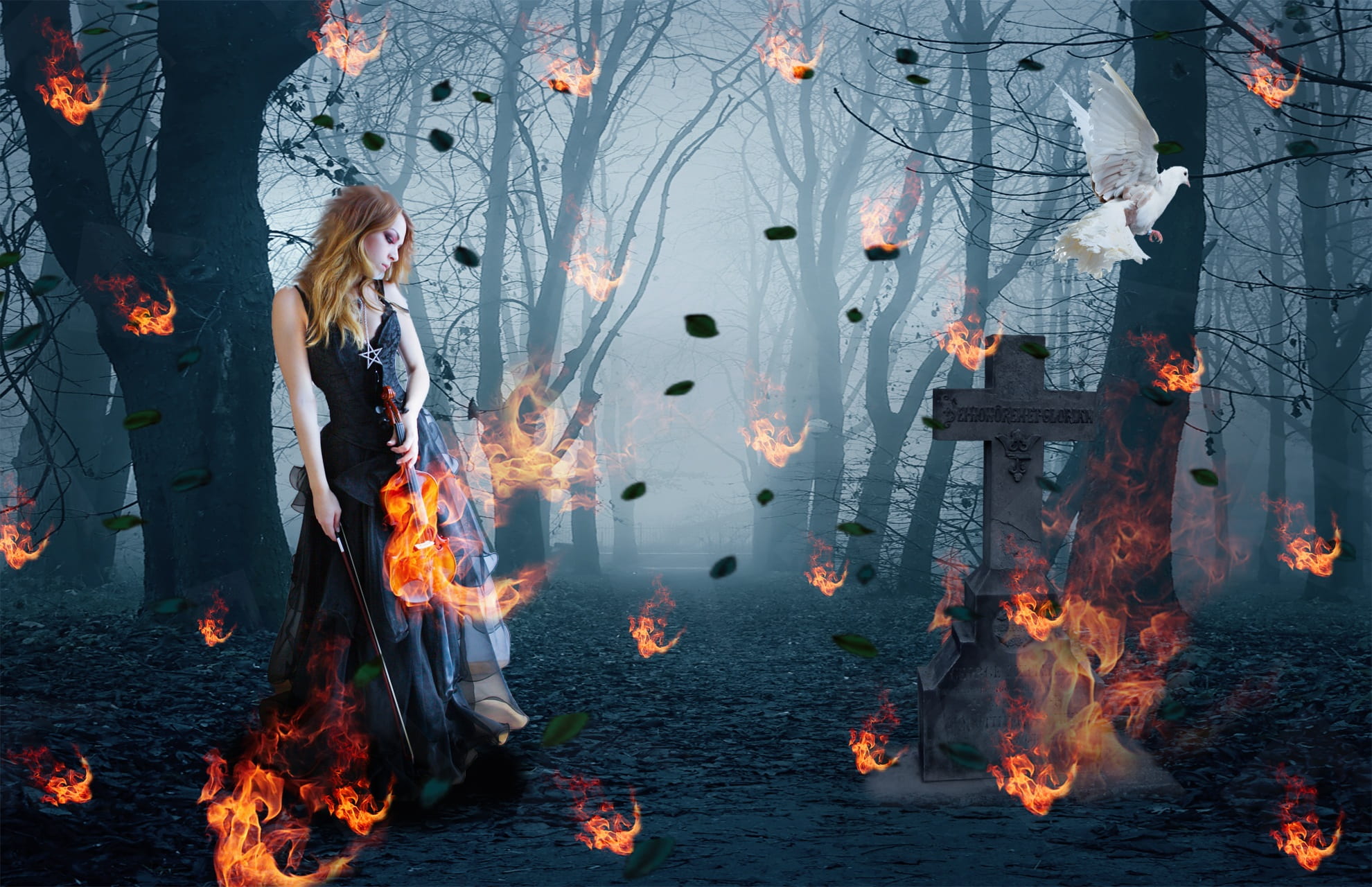 women, standing, grave stone, grave, lake, outdoors, people, trees, girl, reflection, water, flames, nature, graveyard, spooky, heat - temperature, violinist, HD Wallpaper