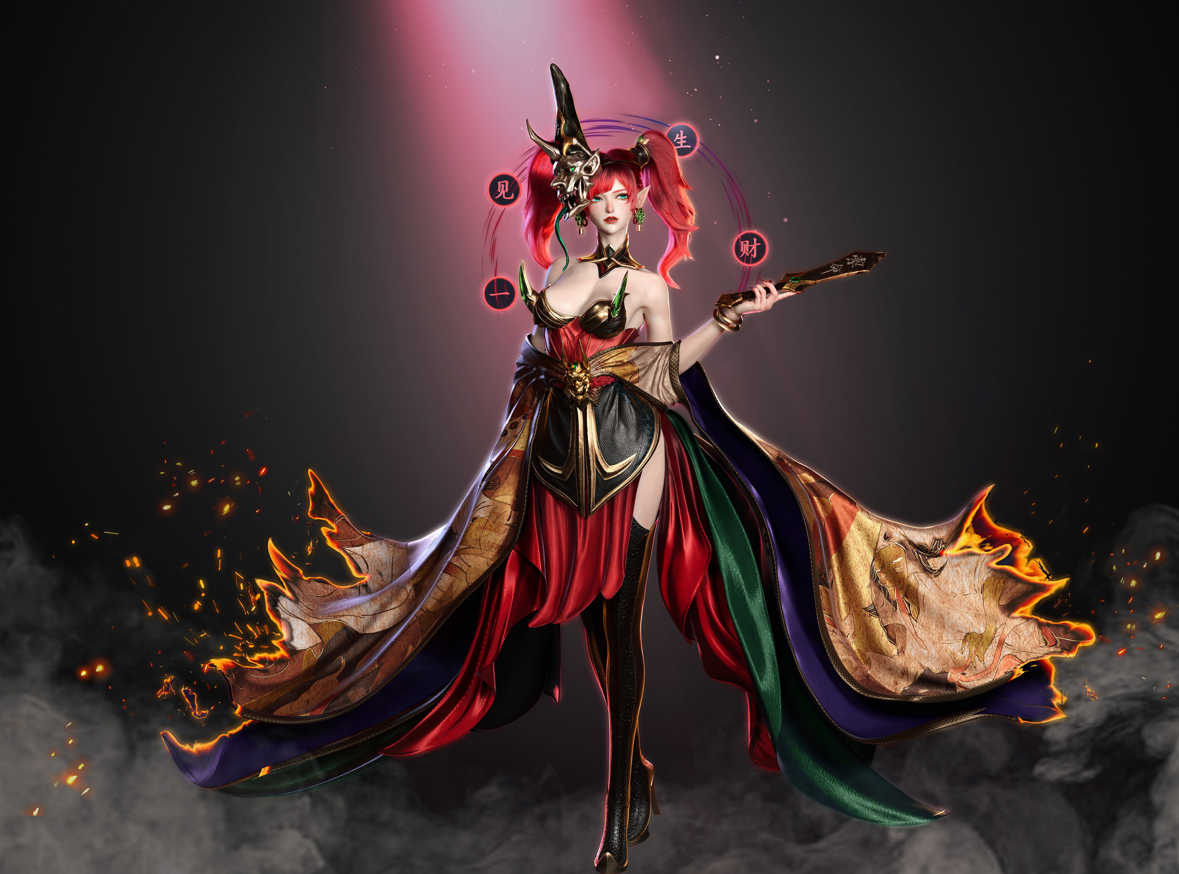 open mouth, looking away, ArtStation, Qingze Zhao, pointed ears, looking at the side, cleavage, CGI, artwork, women, mist, 3D, 4K, digital art, dress, HD Wallpaper