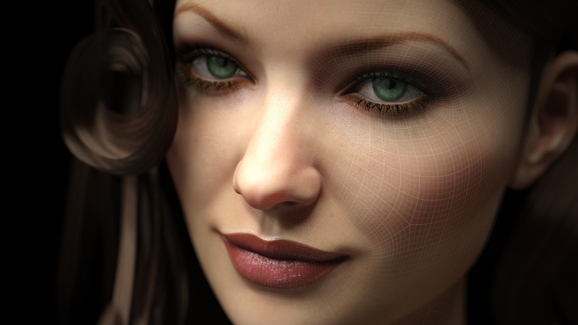 cgi, black background, 1080P, digital art, Looking At Viewer, Green Eyes, Square, women, 3d, nets, render, portrait, face, HD Wallpaper