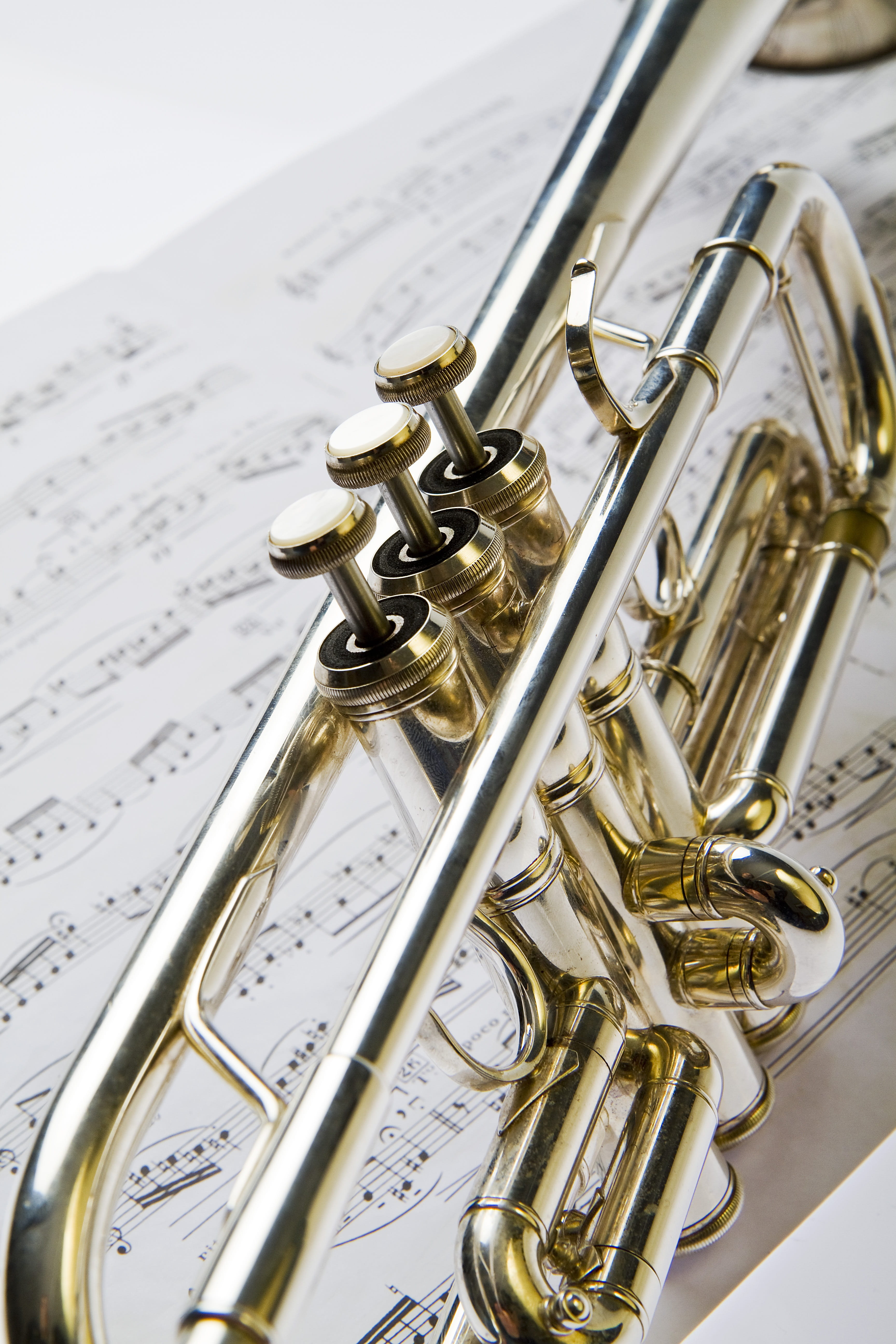 brass, indoors, notes, musical equipment, arts culture and entertainment, sheet, 5K, sheet music, silver colored, still life, trumpet, brass instrument, Phone HD Wallpaper
