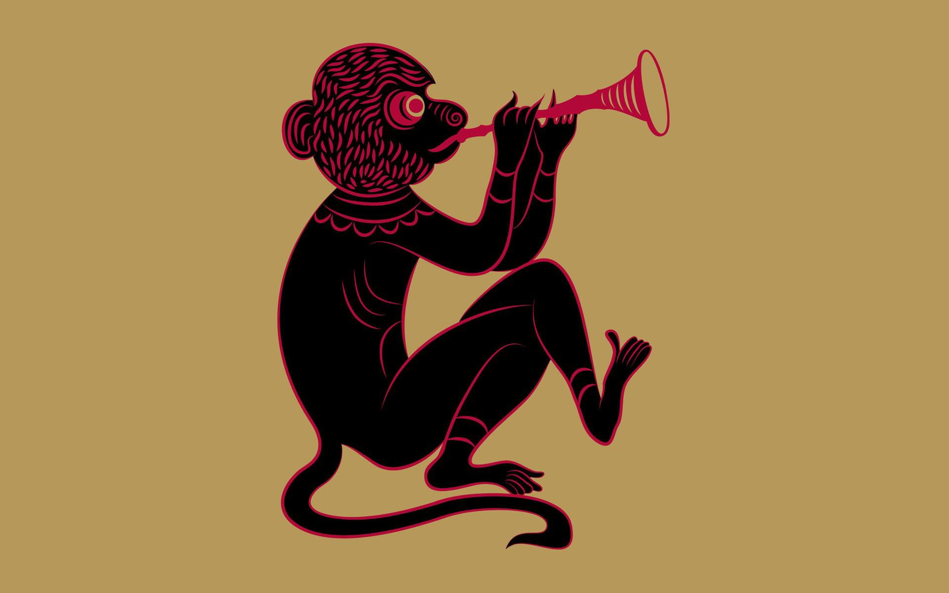 flute, vector, illustration, 1920x1200, trumpet, playing, black, 1080P, monkey, pink, using, HD Wallpaper