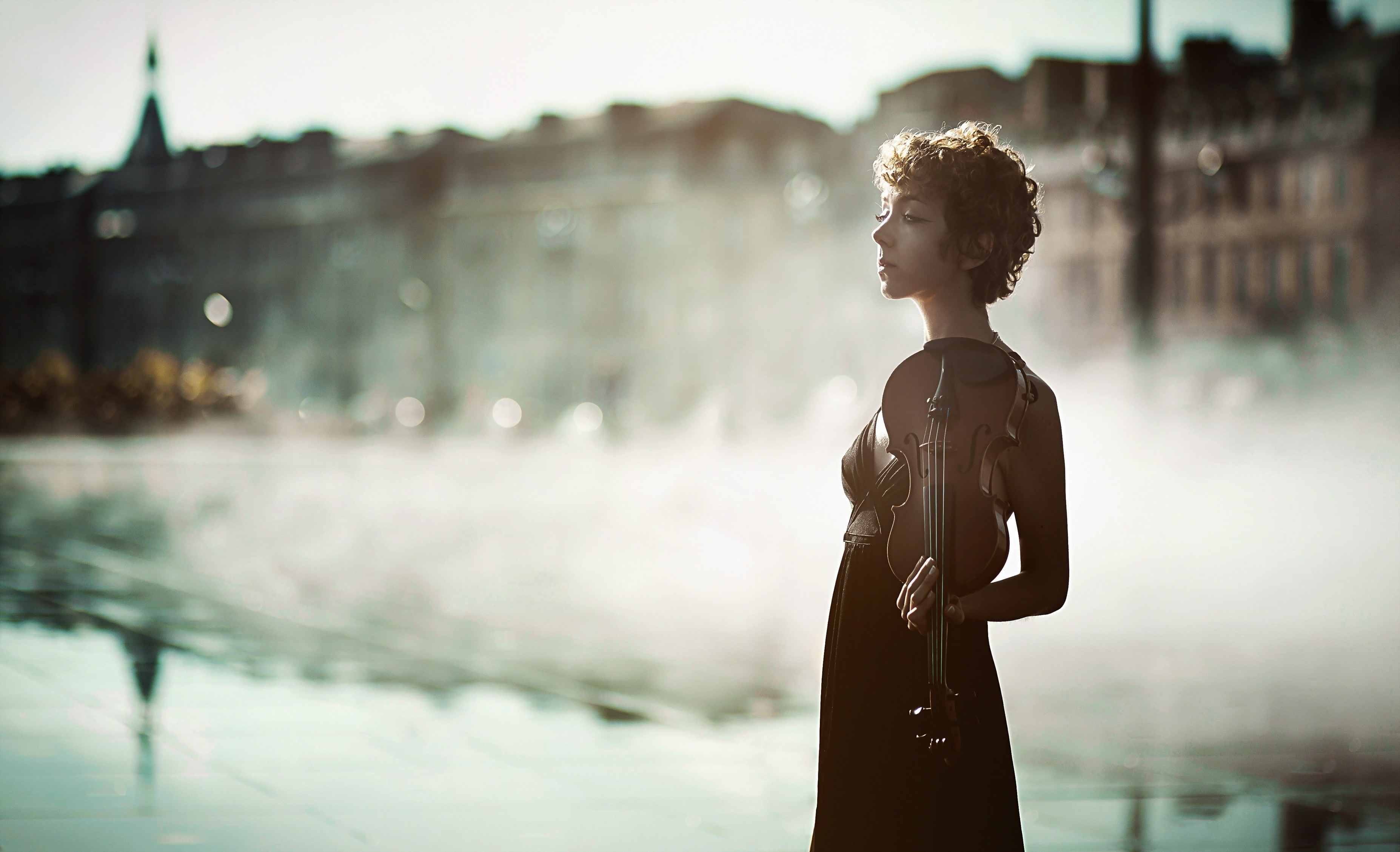 model, women, violin, 2K, HD Wallpaper