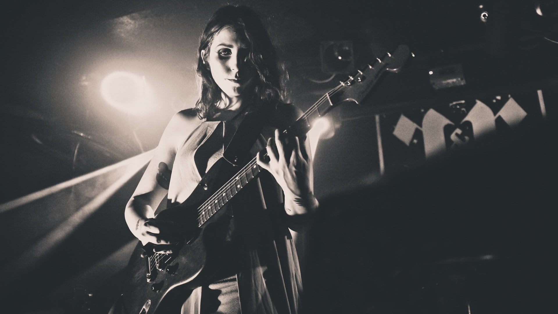 guitar, one person, young adult, musical instrument, nightlife, monochrome, looking at camera, beautiful woman, music, women, plucking an instrument, portrait, HD Wallpaper