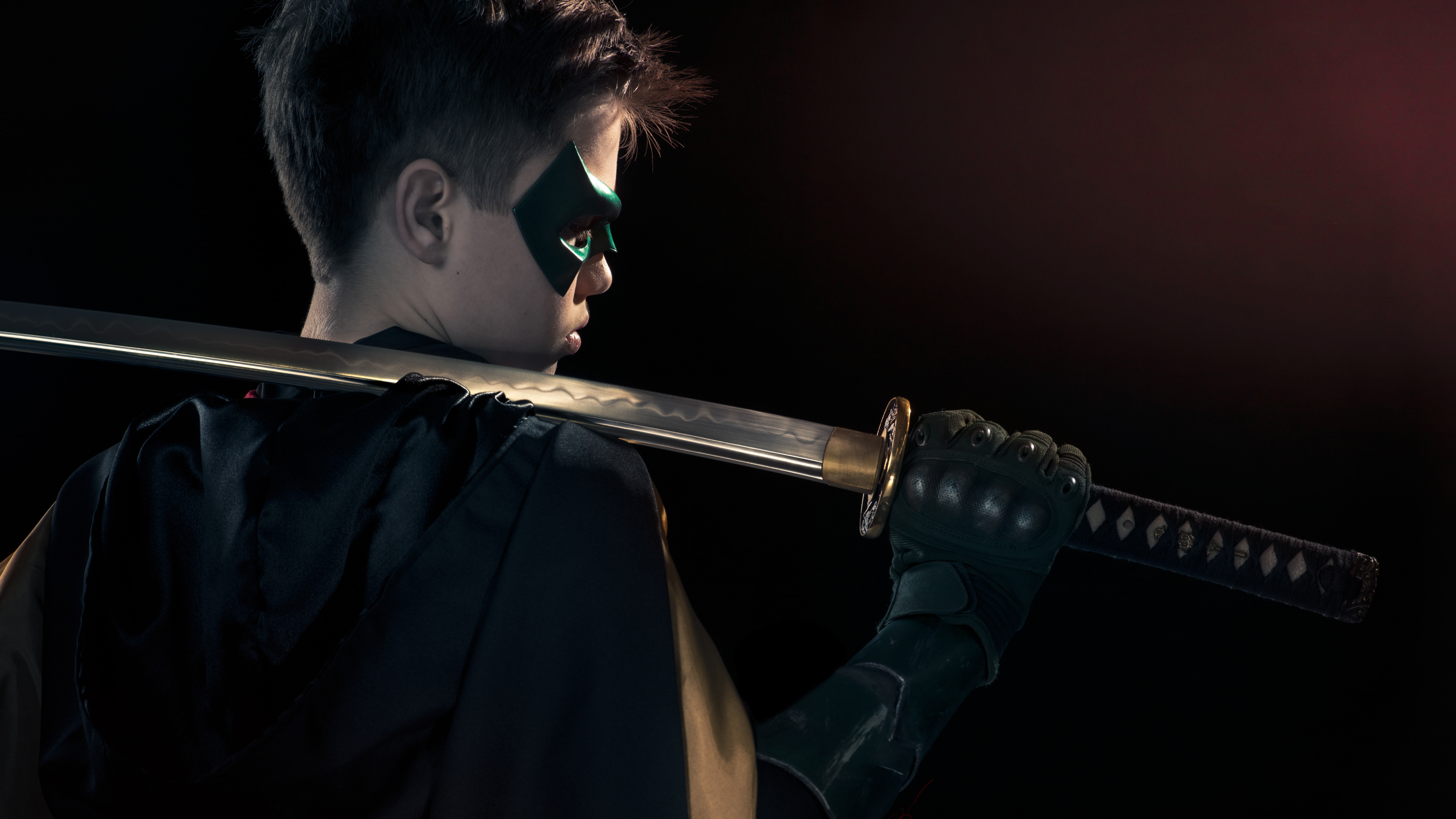 hairstyle, child, 4k, damian wayne, 5k, boys, musical instrument, childhood, indoors, music, 5K, men, dark, studio shot, hd, brass, one person, red hood the fan series, HD Wallpaper